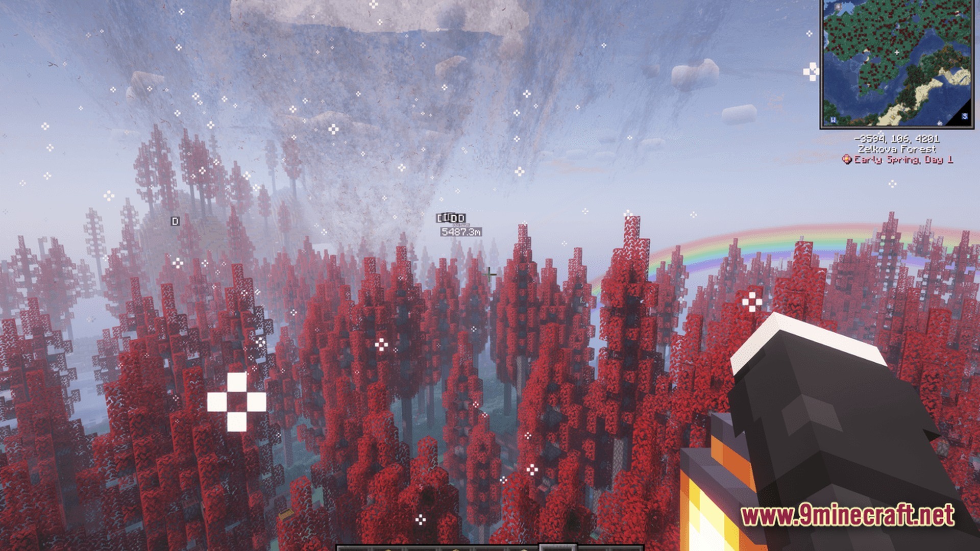 The Ancient Dawn Prehistoric Journey Modpack (1.20.1) – Survive The Age Of Giants 11 A first-person view of a red zelkova forest biome featuring a rainbow and a large tornado
