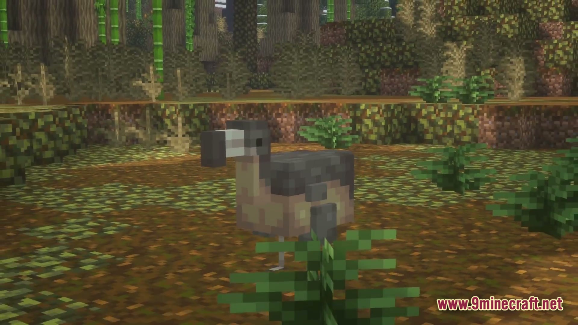 The Ancient Dawn Prehistoric Journey Modpack (1.20.1) – Survive The Age Of Giants 4 A dodo bird stands in a dense prehistoric jungle biome with bamboo and thick foliage