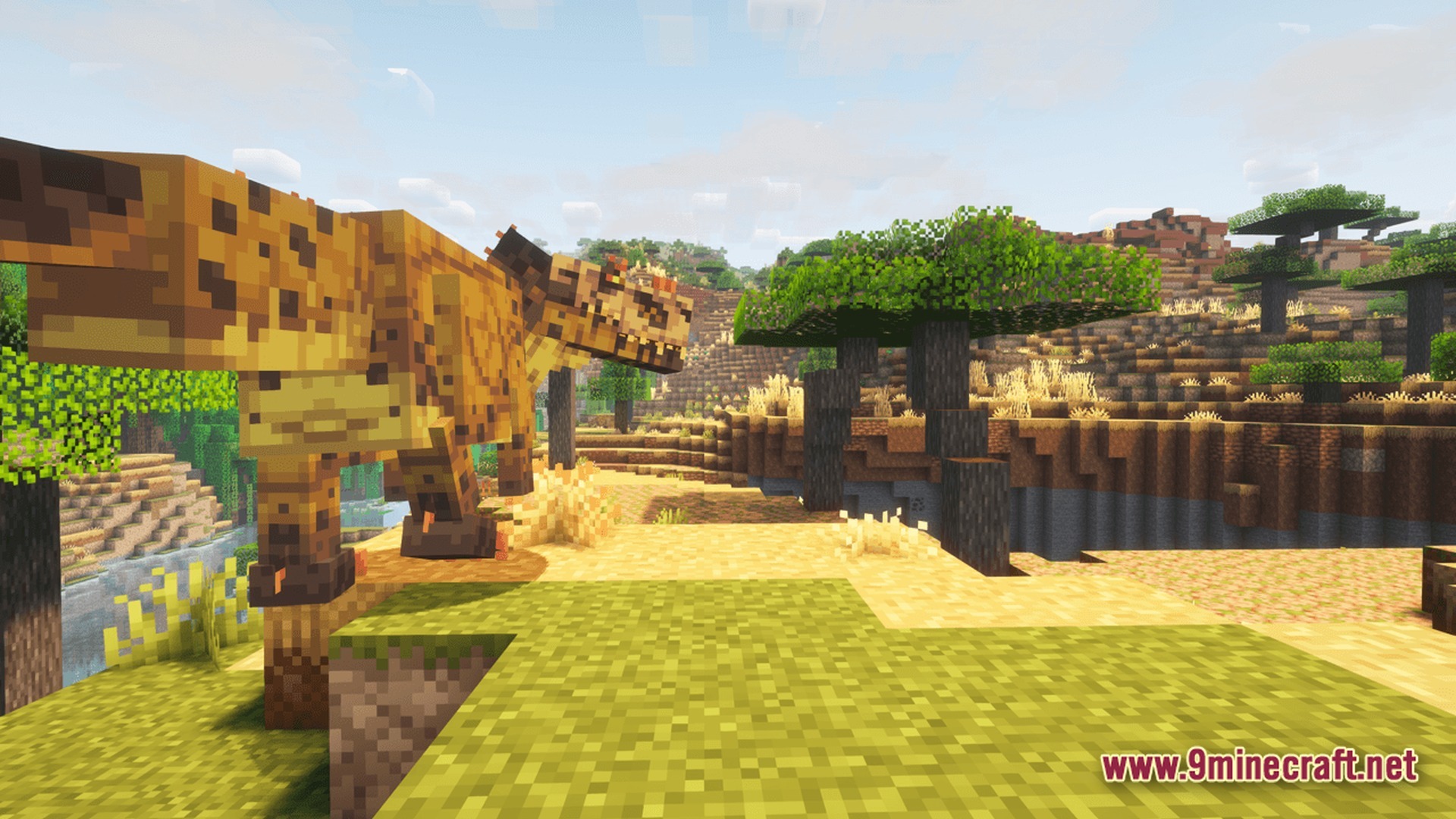 The Ancient Dawn Prehistoric Journey Modpack (1.20.1) – Survive The Age Of Giants 8 A large carnivorous dinosaur stands on a grassy ridge overlooking a savanna biome with acacia trees