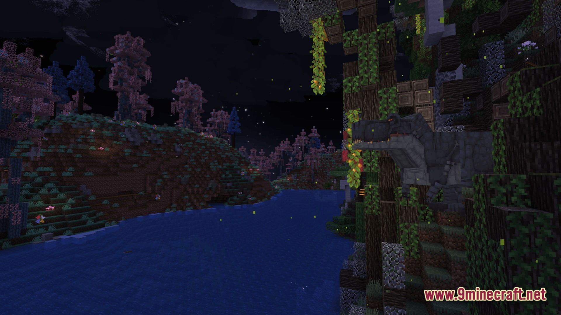 The Ancient Dawn Prehistoric Journey Modpack (1.20.1) – Survive The Age Of Giants 9 A large predatory dinosaur stands on a forested riverbank under a starry night sky