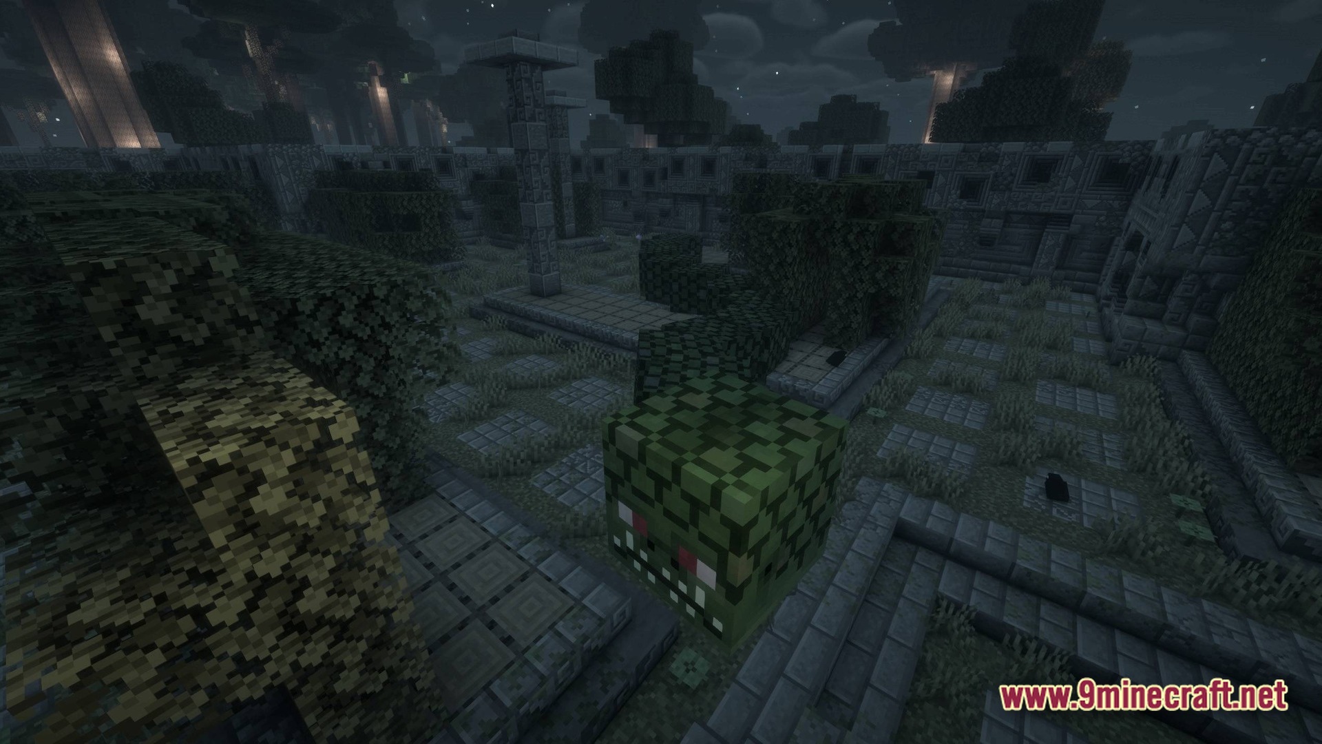 The Best Of Twilight Forest Modpack (1.21.1) – The Ultimate Twilight Forest Adventure 9 A hostile hedge spider mob within a stone-walled hedge maze structure in the twilight forest dimension