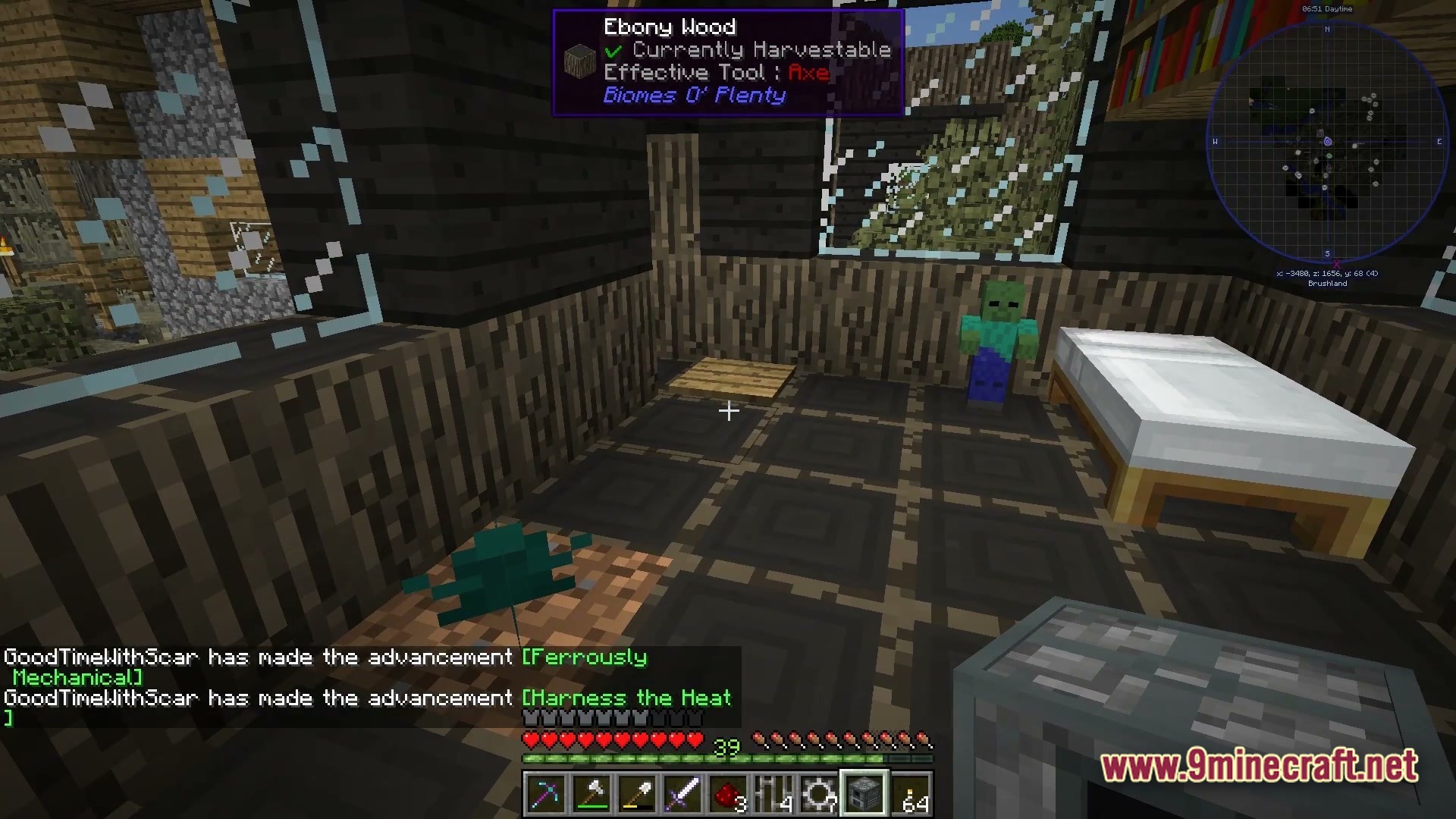 The Fool Modpack (1.20.1) – Shape-Shifting Combat And Tech Automation 3 Interior of a wooden house featuring a bed, a small zombie, and ebony wood walls