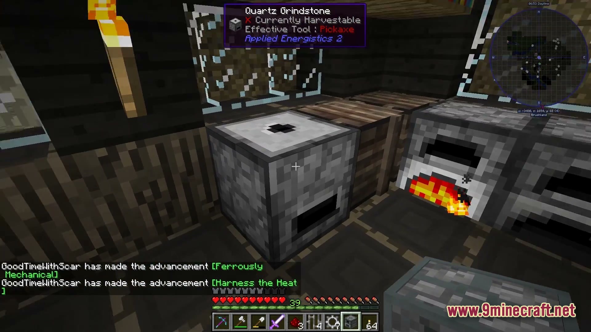 The Fool Modpack (1.20.1) – Shape-Shifting Combat And Tech Automation 4 A quartz grindstone from applied energistics 2 placed next to a lit furnace inside a wooden base