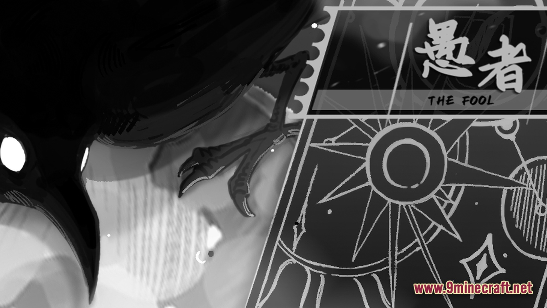 The Fool Modpack (1.20.1) – Shape-Shifting Combat And Tech Automation 8 A monochromatic title screen for the fool modpack featuring a crow and celestial tarot card art
