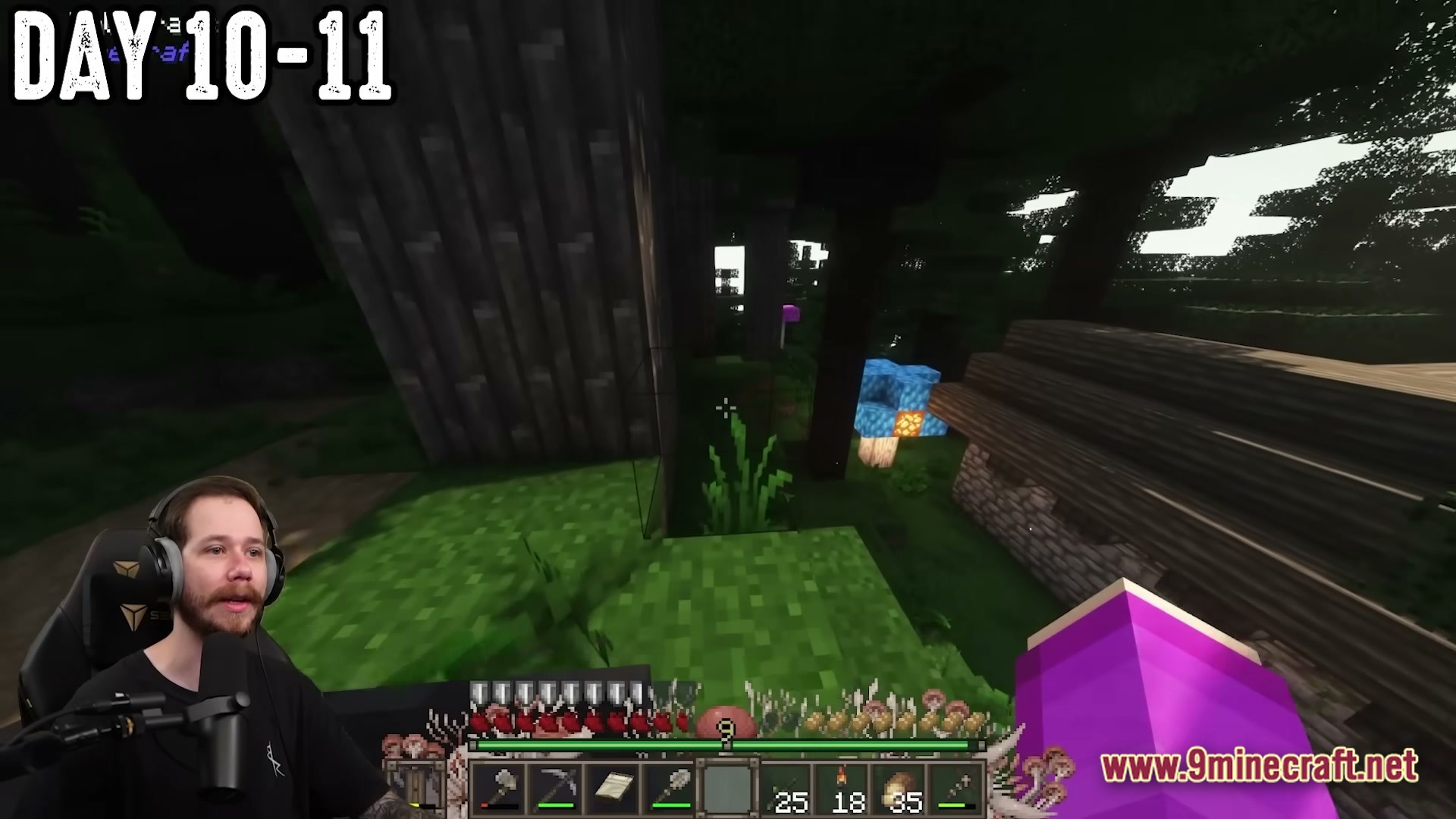 The Fungal Infection Co Op Base Defense Modpack (1.20.1) – Defend Your Base Or Rot 2 A player explores a dark forest biome featuring glowing blue mushrooms and a small stone structure