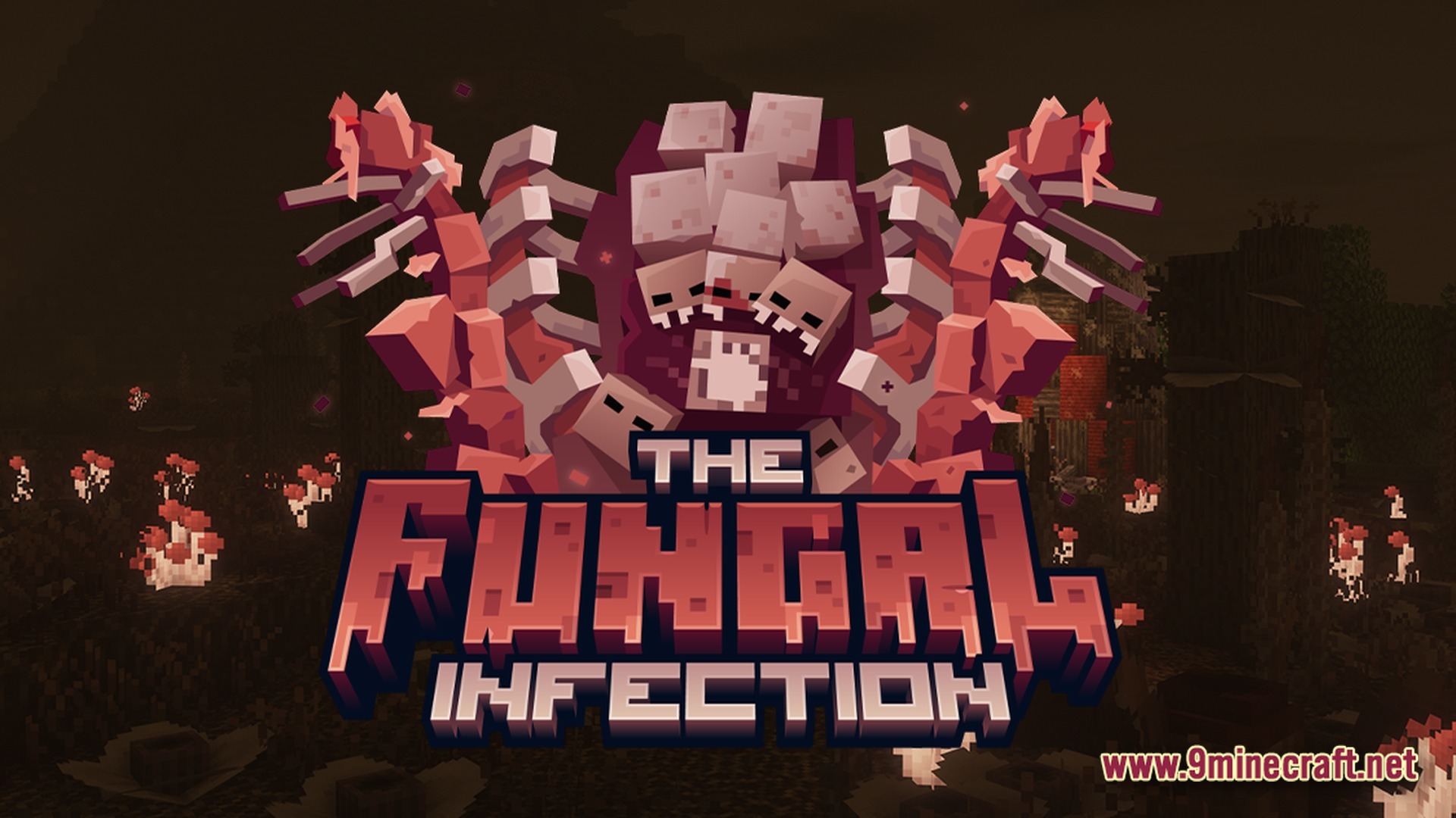 The Fungal Infection Co Op Base Defense Modpack (1.20.1) – Defend Your Base Or Rot 11 A large mutated fungal creature stands in a dark, infected minecraft landscape filled with mushrooms