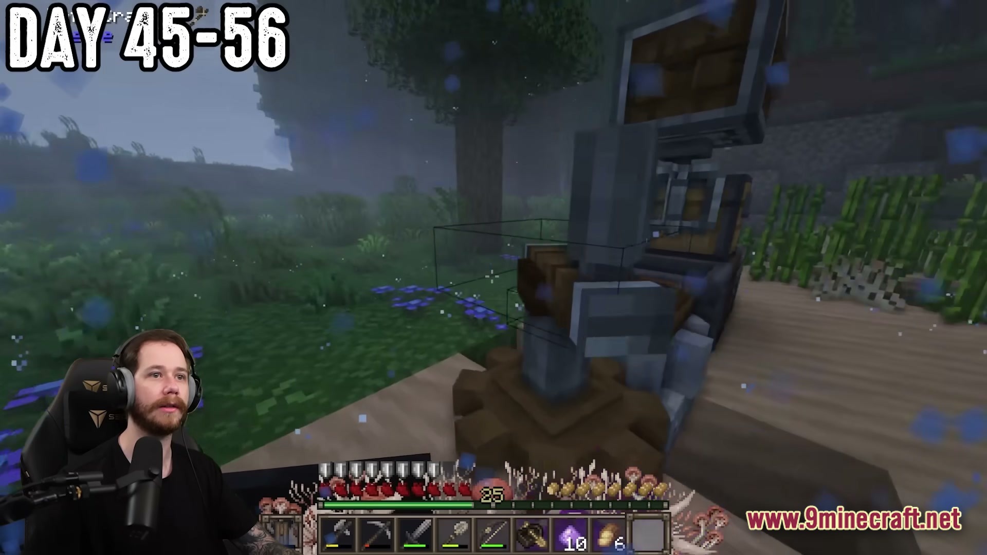 The Fungal Infection Co Op Base Defense Modpack (1.20.1) – Defend Your Base Or Rot 5 A player stands near a mechanical create mod contraption in a foggy, infected forest biome