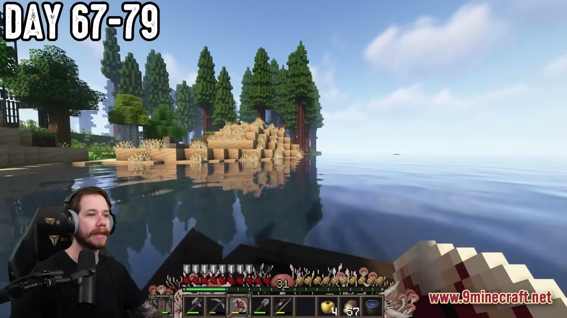 The Fungal Infection Co Op Base Defense Modpack (1.20.1) – Defend Your Base Or Rot 6 A player navigates a boat across a lake toward a redwood forest biome with shaders enabled