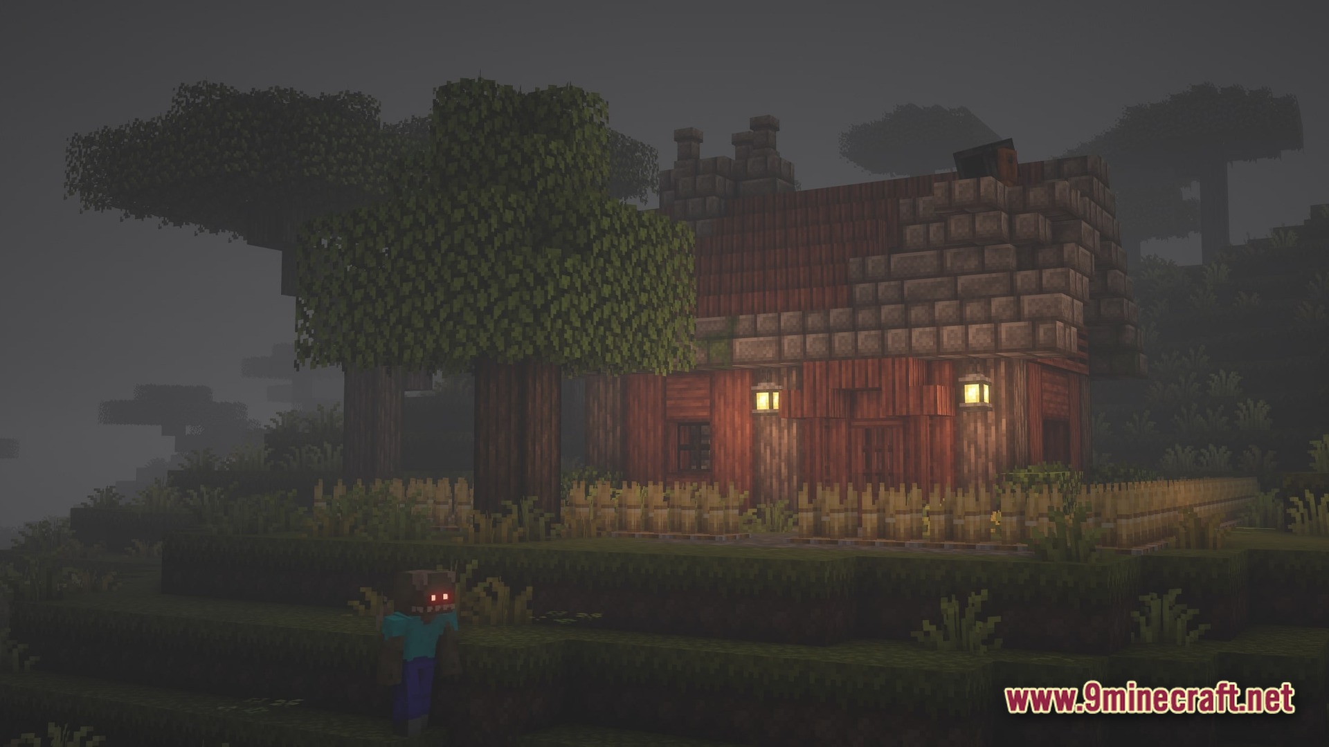 The Fungal Infection Co Op Base Defense Modpack (1.20.1) – Defend Your Base Or Rot 9 An infected mob with glowing red eyes stands near a wooden house in a foggy forest