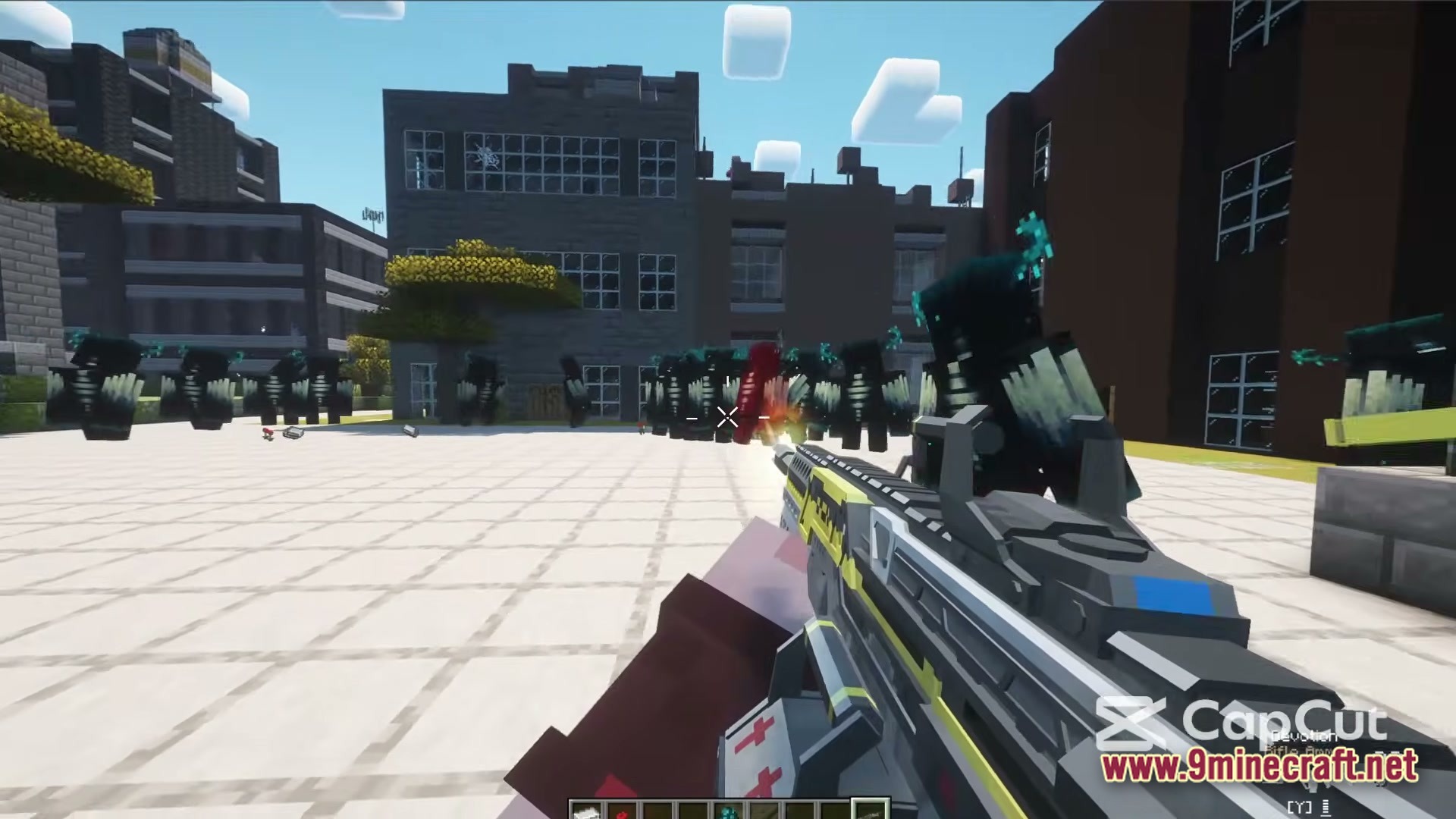 A player uses a firearm to shoot at a large group of wardens in a city