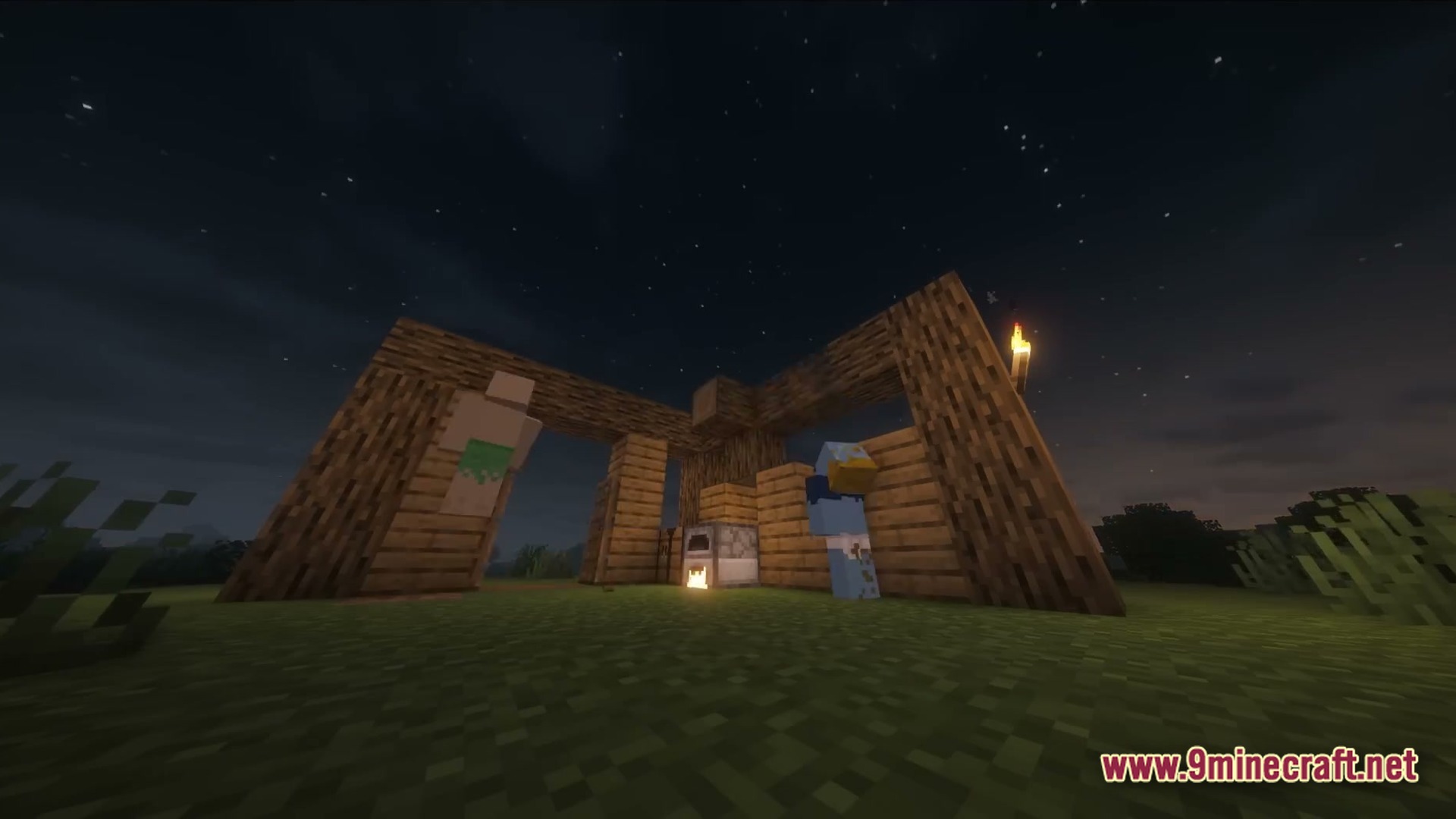 The Stalker Recreation Modpack (1.20.1) – Survive Craft Guns Hunt Monsters 2 A simple wooden structure with a lit furnace and two players at night under a starry sky