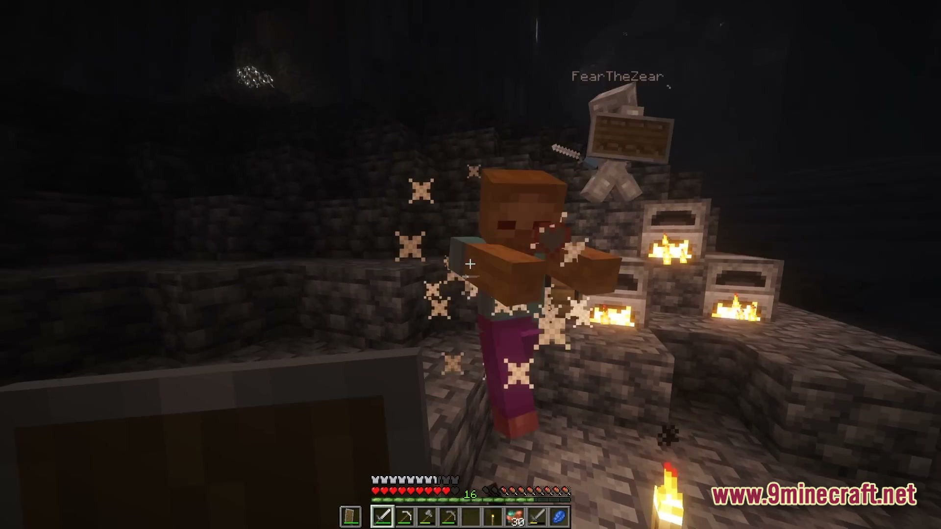 The Stalker Recreation Modpack (1.20.1) – Survive Craft Guns Hunt Monsters 5 Two players fighting a red-eyed steve mob in a dark cave near lit furnaces