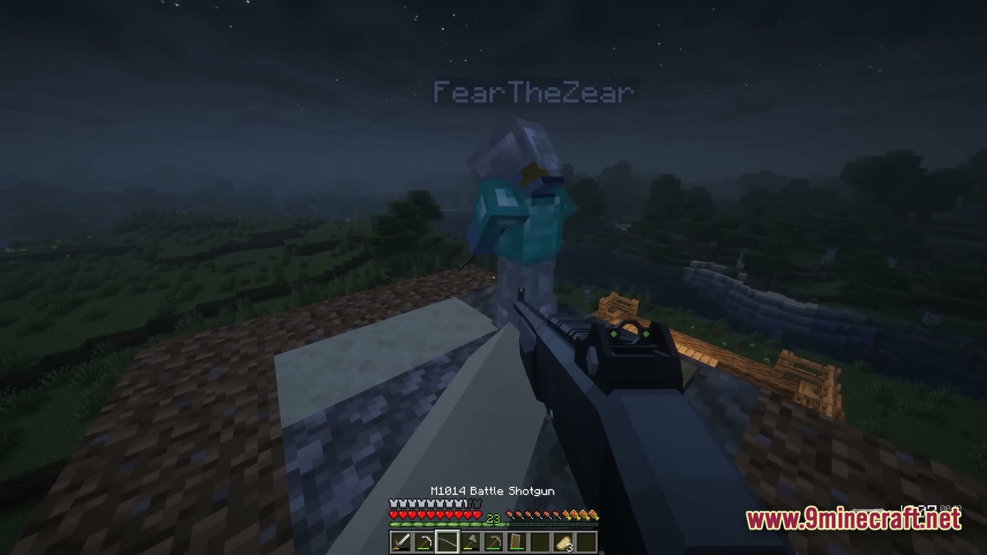 The Stalker Recreation Modpack (1.20.1) – Survive Craft Guns Hunt Monsters 7 A player aims an m1014 battle shotgun at another armored player during a nighttime multiplayer session