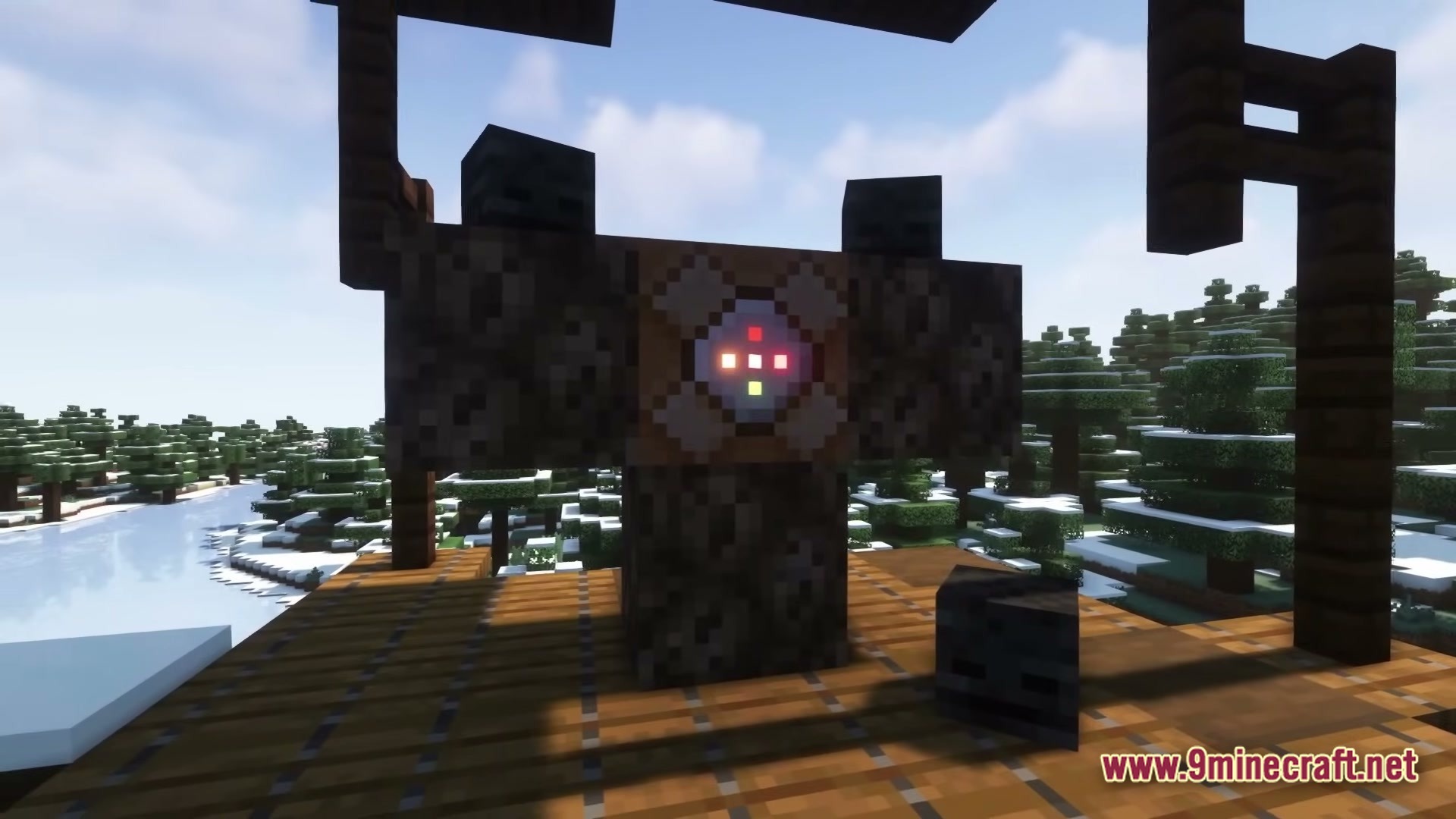 The Wither Storm’s Devastation Modpack (1.20.1) – Survive The Consuming Storm 2 A wither storm summoning structure featuring a command block and wither skeleton skulls in a snowy biome