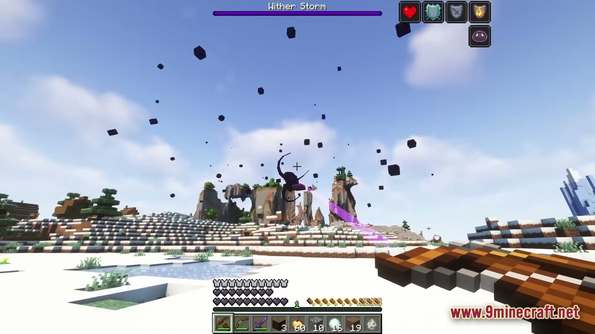 The Wither Storm’s Devastation Modpack (1.20.1) – Survive The Consuming Storm 3 A player holds a crossbow while facing the wither storm boss in a snowy minecraft biome
