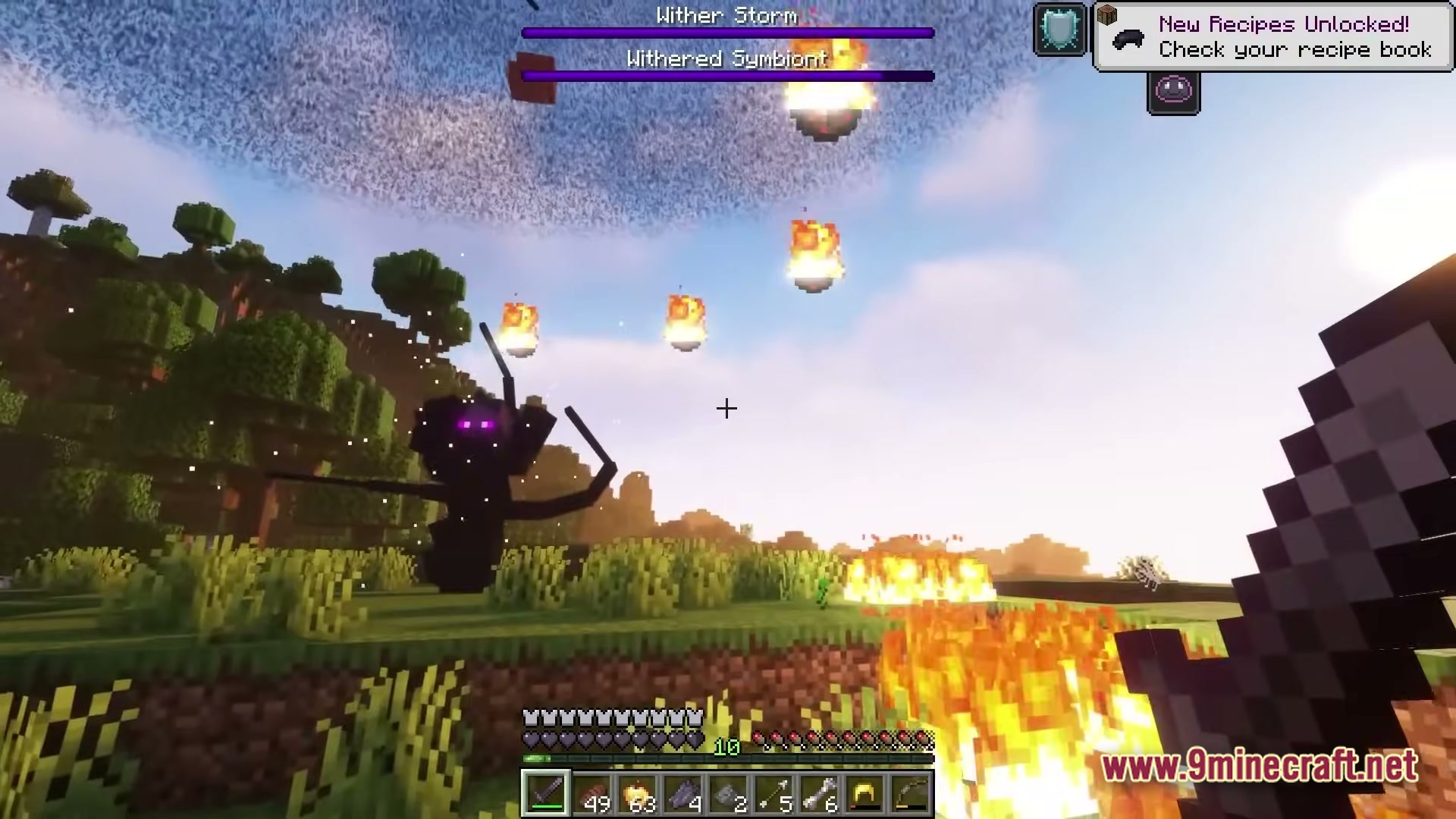 The Wither Storm’s Devastation Modpack (1.20.1) – Survive The Consuming Storm 4 A player faces a withered symbiont while the wither storm looms in the sky above
