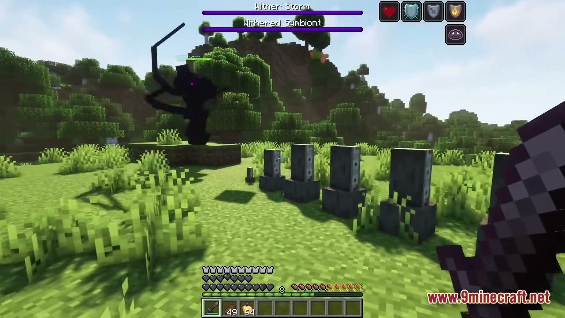 The Wither Storm’s Devastation Modpack (1.20.1) – Survive The Consuming Storm 5 A player faces a withered symbiont boss near several dark stone pillars in a forest biome