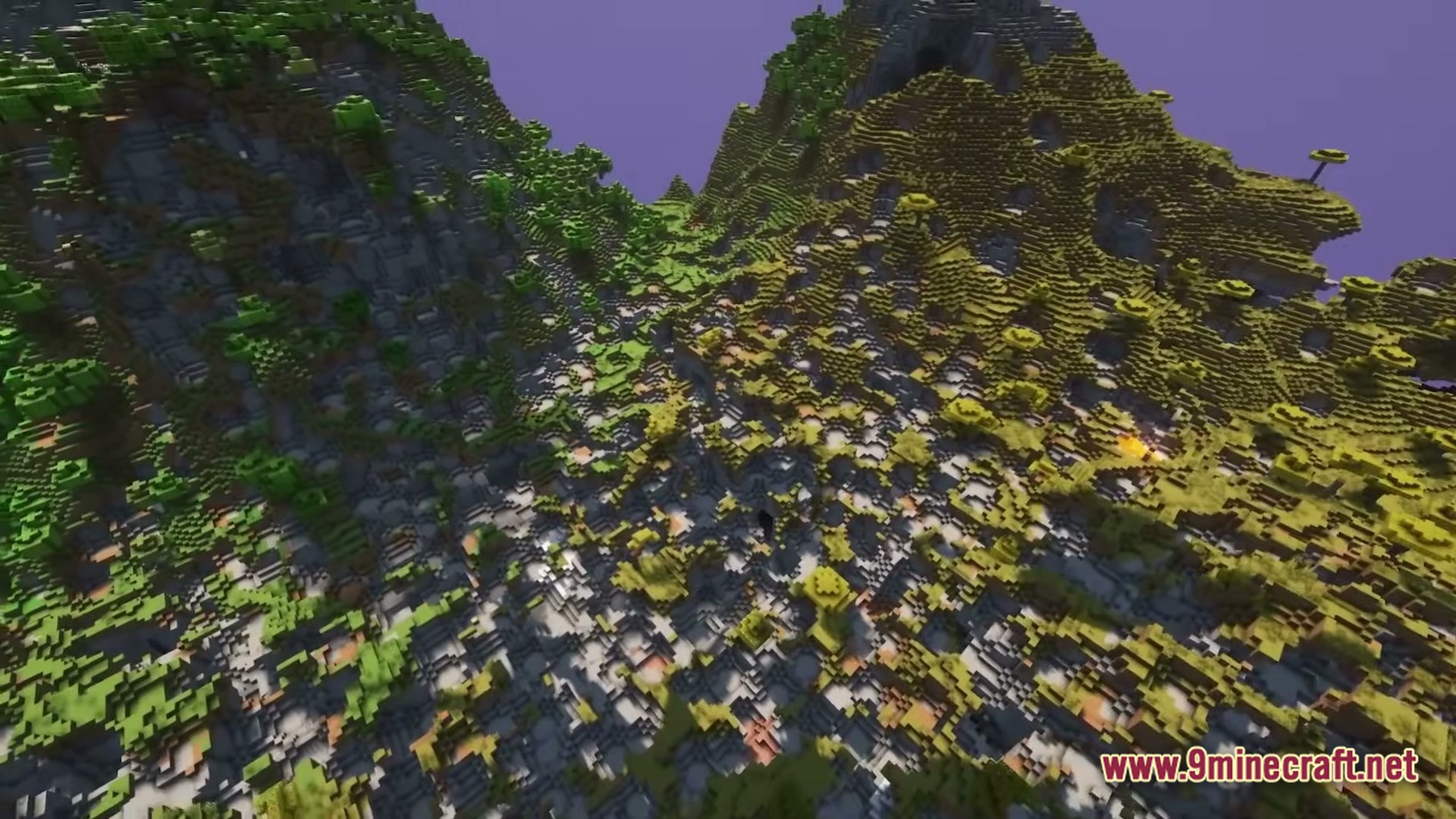 The Wither Storm’s Devastation Modpack (1.20.1) – Survive The Consuming Storm 7 A mountainous minecraft landscape featuring terrain heavily damaged and eroded by the wither storm's presence