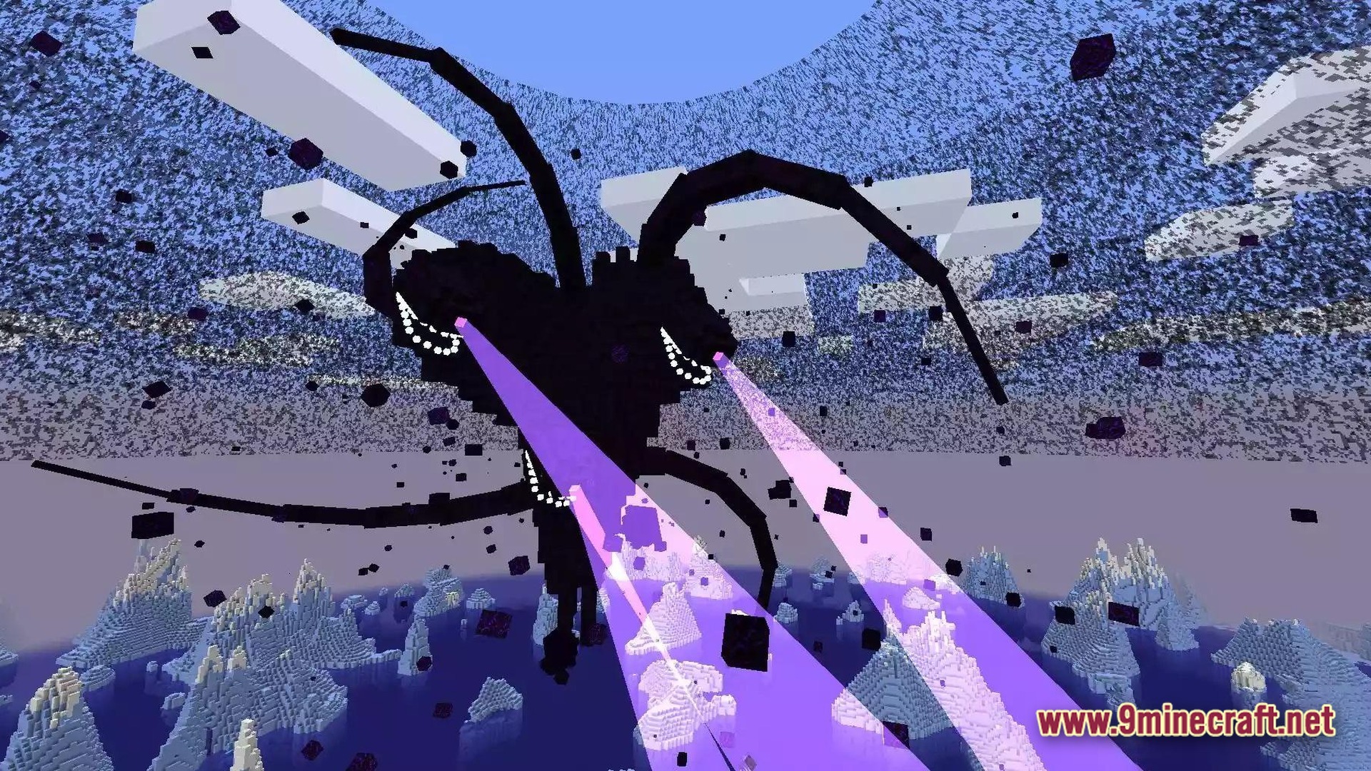 The Wither Storm’s Devastation Modpack (1.20.1) – Survive The Consuming Storm 9 A massive wither storm fires purple tractor beams over a frozen ocean biome with icebergs