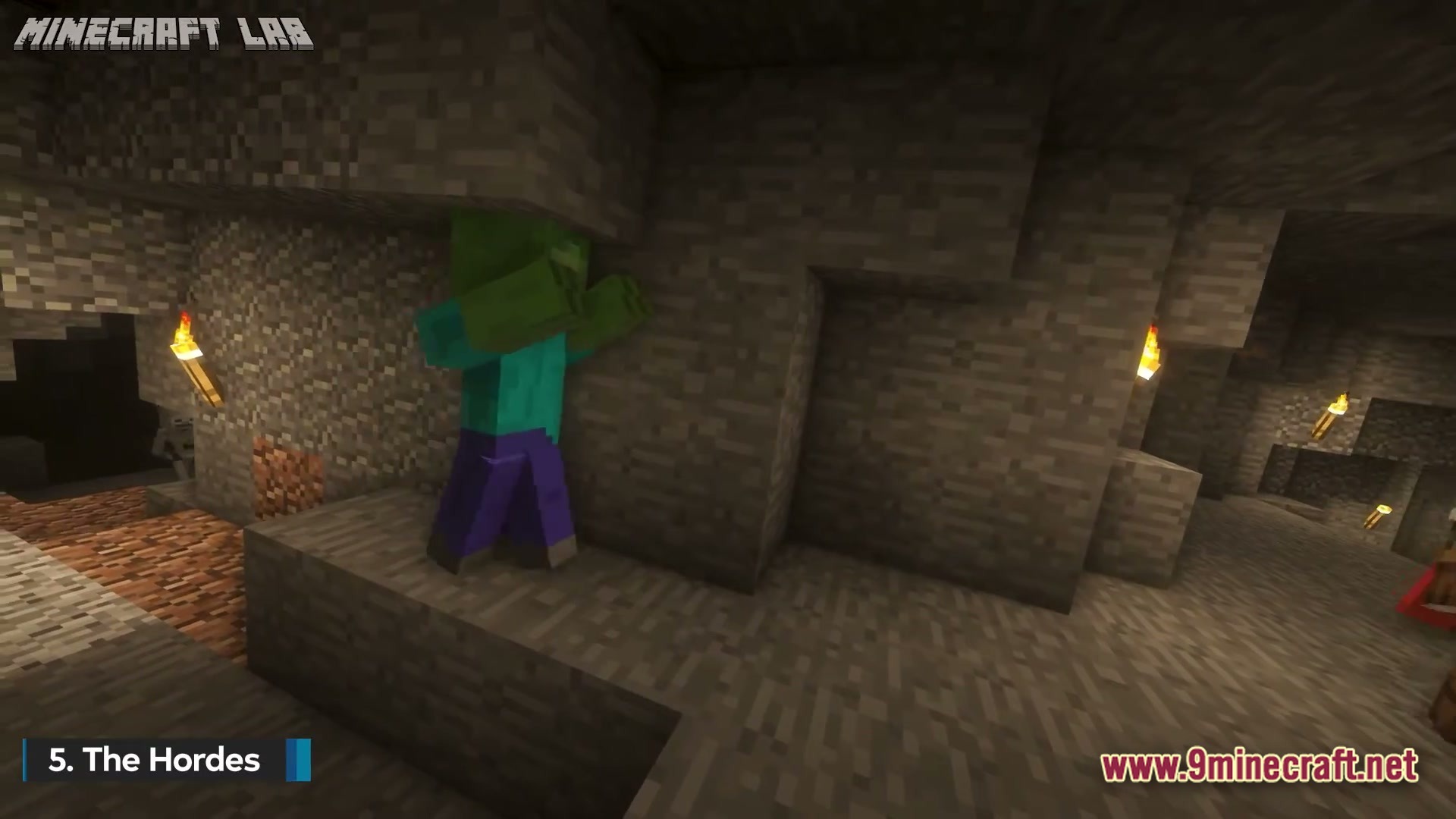 The Zombie Conquest Zombie Apocalypse Modpack (1.21.1) – Survive Dead Waves In Hardcore 2 A zombie stands in a dimly lit stone cave illuminated by several wall-mounted torches