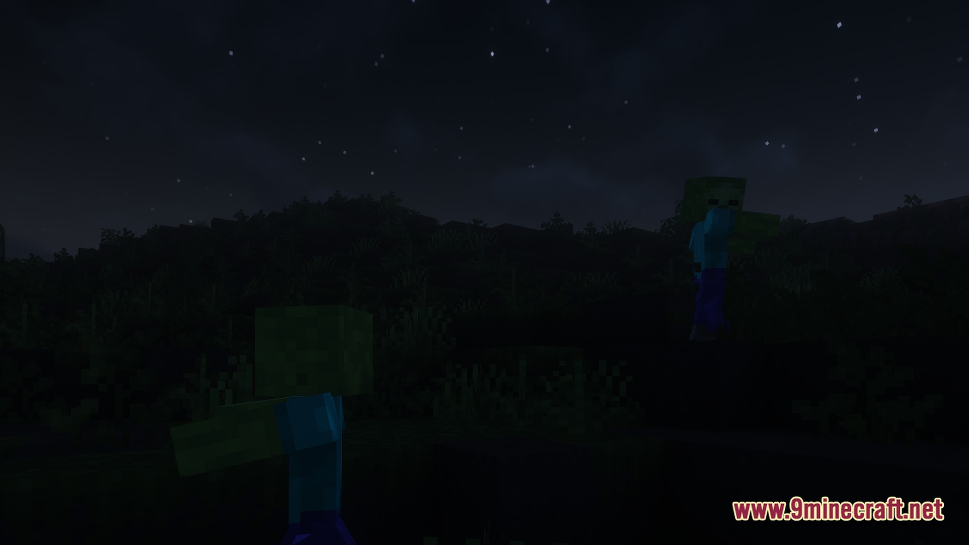 The Zombie Conquest Zombie Apocalypse Modpack (1.21.1) – Survive Dead Waves In Hardcore 11 Two zombies wander through a dark, grassy landscape under a starry night sky