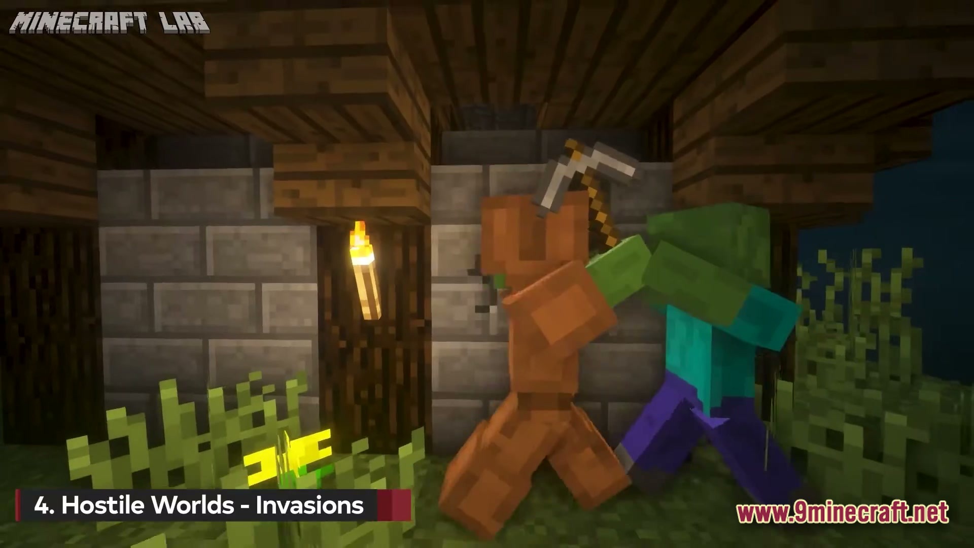 The Zombie Conquest Zombie Apocalypse Modpack (1.21.1) – Survive Dead Waves In Hardcore 3 A zombie attacking a player wearing copper armor outside a stone brick and wood structure