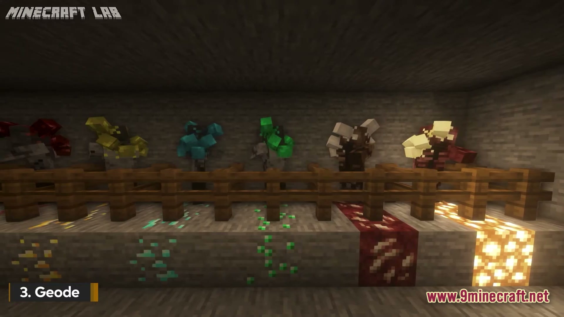 The Zombie Conquest Zombie Apocalypse Modpack (1.21.1) – Survive Dead Waves In Hardcore 4 Various types of geode zombies contained behind wooden fences in a stone underground room