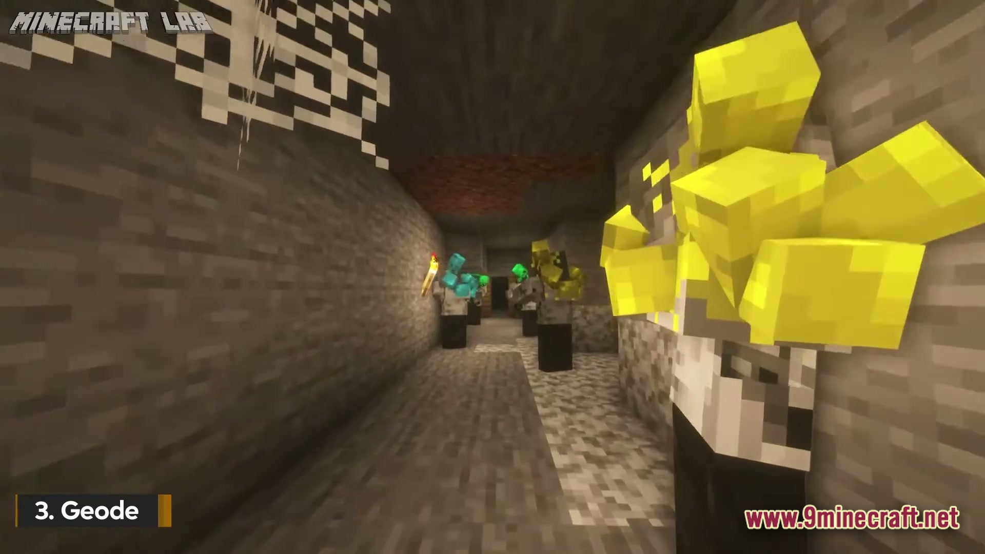 The Zombie Conquest Zombie Apocalypse Modpack (1.21.1) – Survive Dead Waves In Hardcore 5 A group of zombies with crystalline geode growths on their heads inside a stone cave