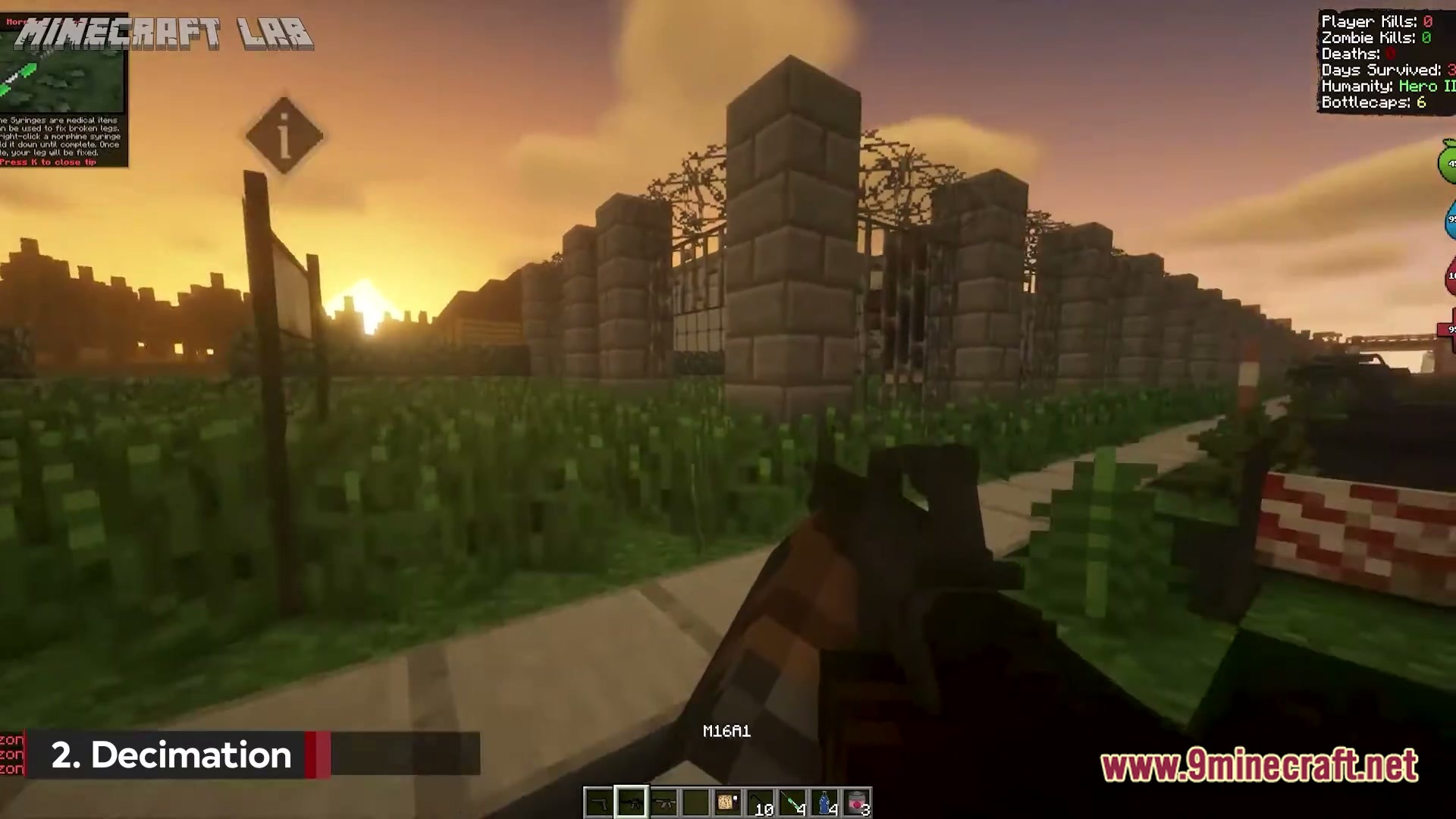 The Zombie Conquest Zombie Apocalypse Modpack (1.21.1) – Survive Dead Waves In Hardcore 7 A player holds an m16a1 rifle near a stone pillar fence during a sunset in minecraft