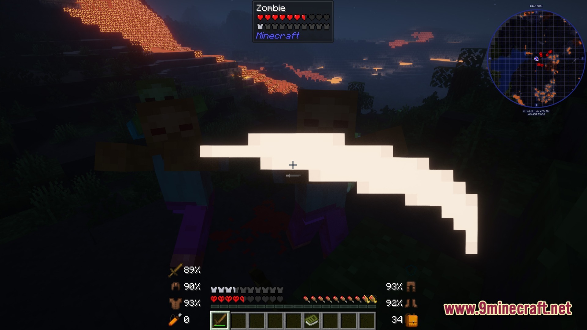 The Zombie Conquest Zombie Apocalypse Modpack (1.21.1) – Survive Dead Waves In Hardcore 10 A player attacks zombies at night in a volcanic biome with lava flows and custom hud