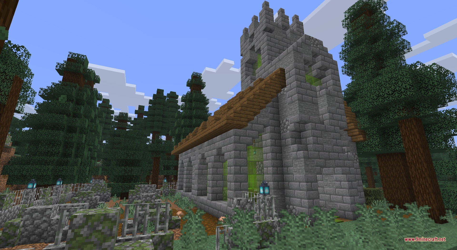 A stone brick church and graveyard structure located in a spruce forest biome