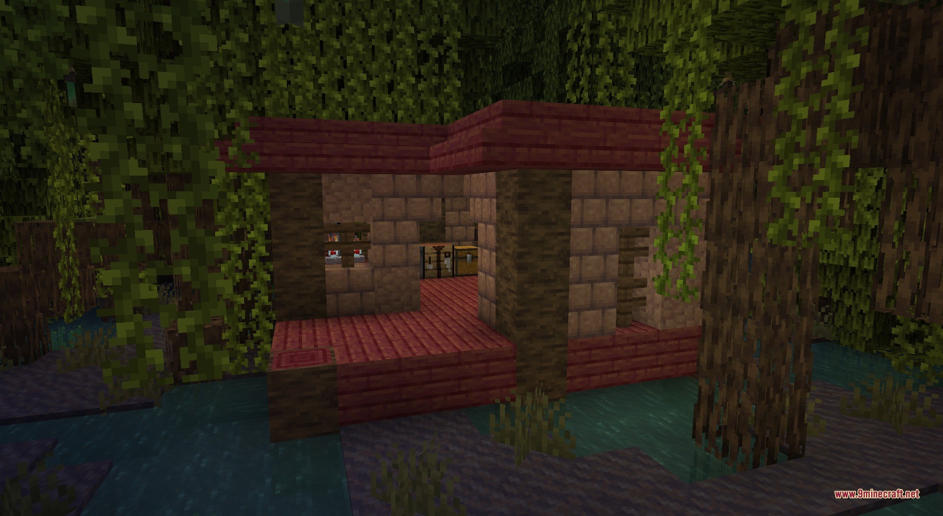 A small mangrove swamp house featuring red wood and mud bricks