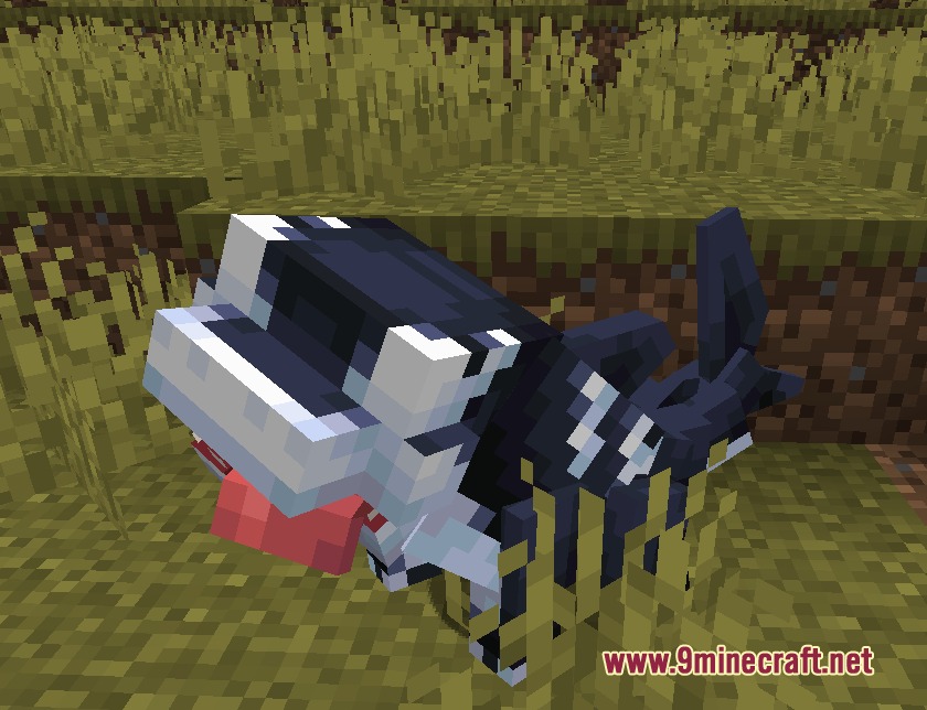 Tidal Crawler Companion Mod (1.20.1) – Raise And Train A Loyal Landshark 3 A black and white symbiote landshark variant stands in the tall grass