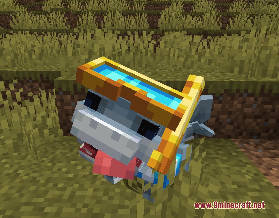Tidal Crawler Companion Mod (1.20.1) – Raise And Train A Loyal Landshark 4 Jeff the landshark wearing yellow goggles and sticking his tongue out