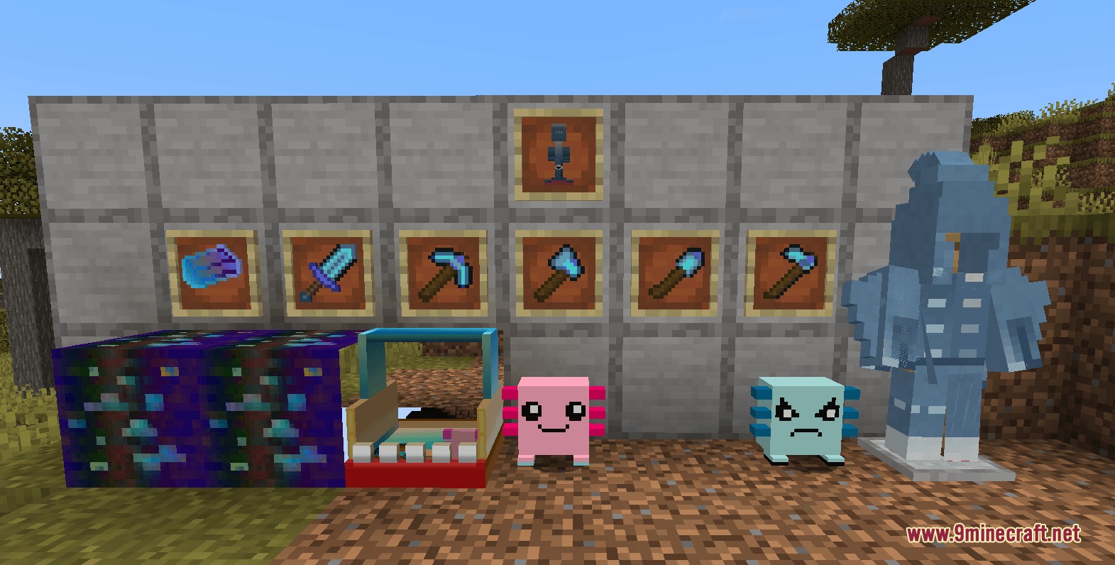 Tidal Crawler Companion Mod (1.20.1) – Raise And Train A Loyal Landshark 5 A display of custom tools armor and blocks from the companion mod