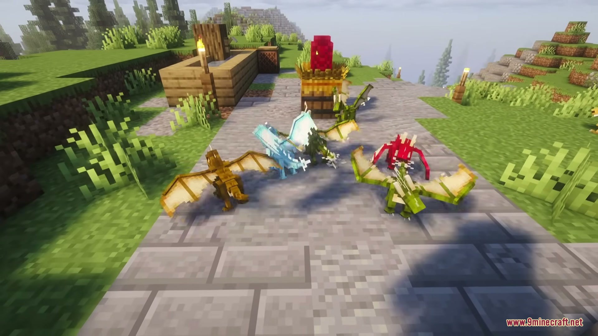Tiny Dragons Reforged Mod (1.21.1, 1.20.1) – Hatch And Command Fire-Breathing 2 A group of tiny colorful dragons gathered together on a stone walkway