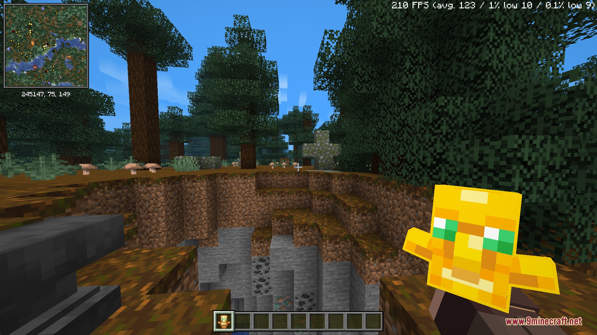 Totem &Amp; Stuff Resource Pack (1.21.11) – Action Inspired See-Through Totems 4 Player holds a clear totem of undying model while standing near a ravine