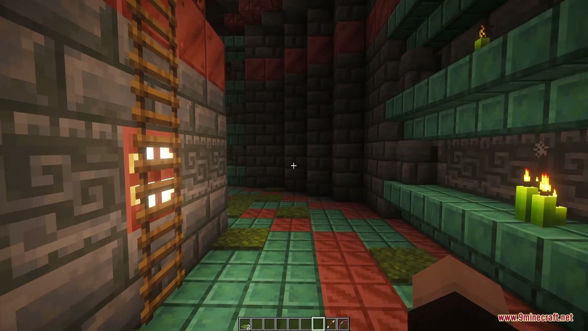 Inside a trial chamber room featuring a ladder and oxidized copper floor tiles