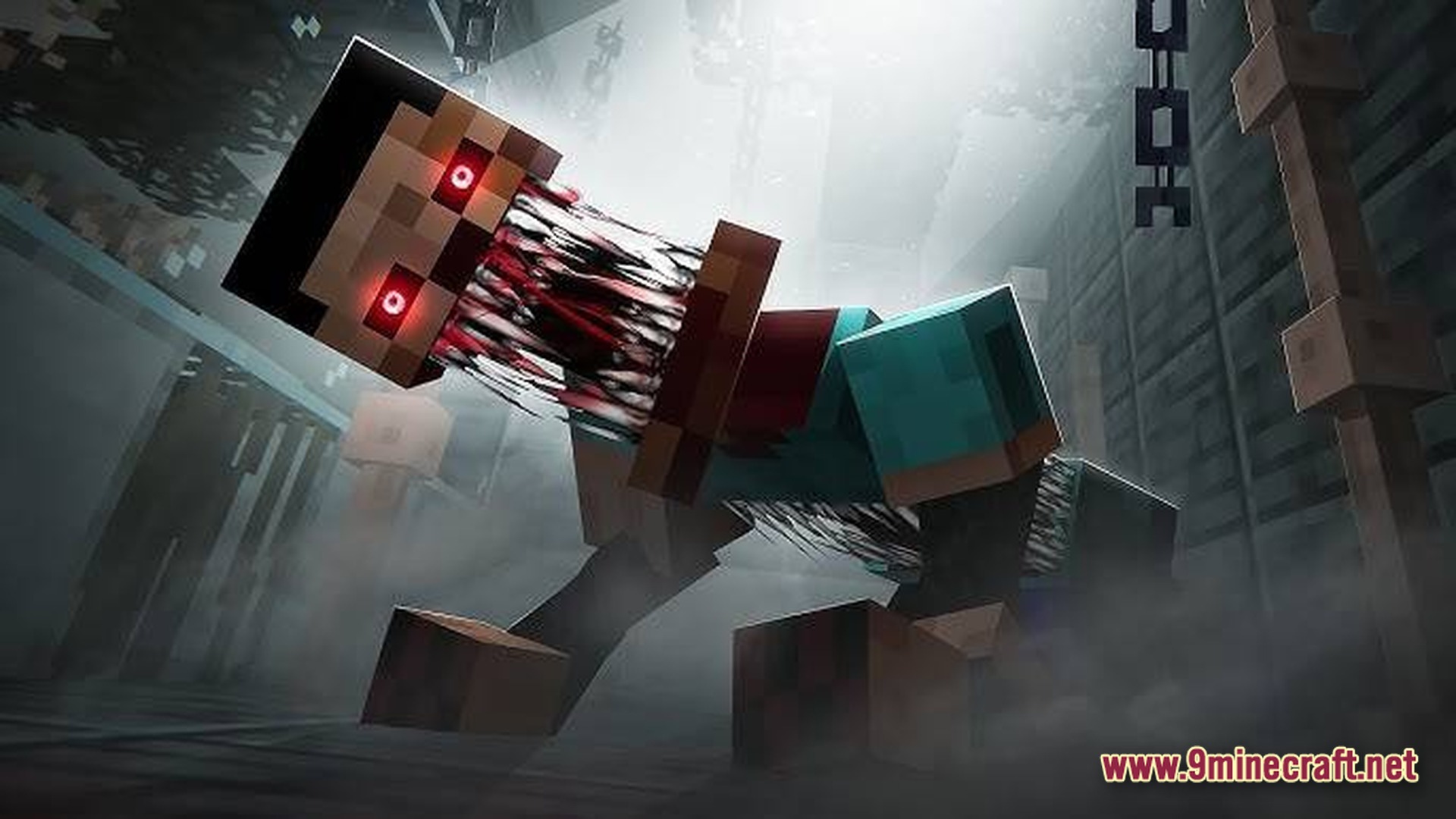 A mutated, four-legged steve entity with glowing red eyes and a distorted, elongated neck