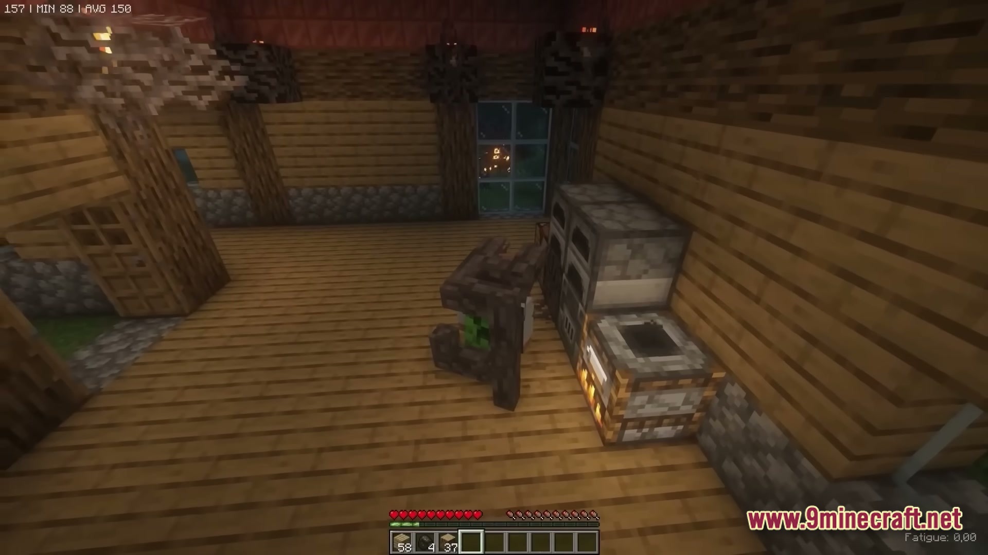 True Horror Modpack (1.20.1) – Survive Terrifying Monsters 2 A player stands inside a wooden house near furnaces while a creature watches through the window