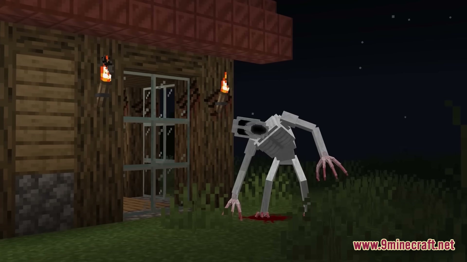 True Horror Modpack (1.20.1) – Survive Terrifying Monsters 4 A pale, lanky creature with bloody claws stands outside a wooden house at night