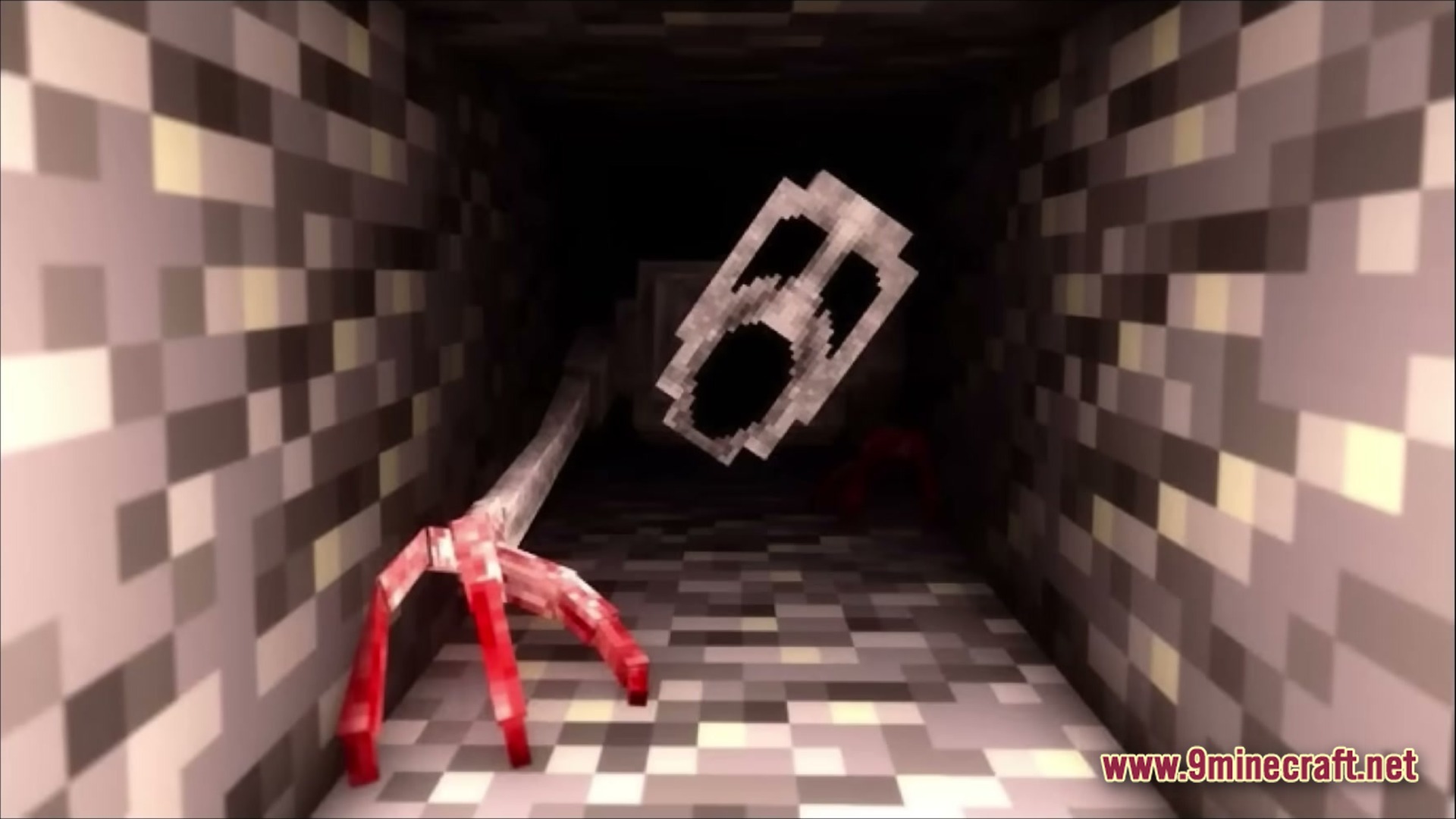 True Horror Modpack (1.20.1) – Survive Terrifying Monsters 5 A pale, long-limbed creature with bloody hands crawls through a narrow stone tunnel in the darkness