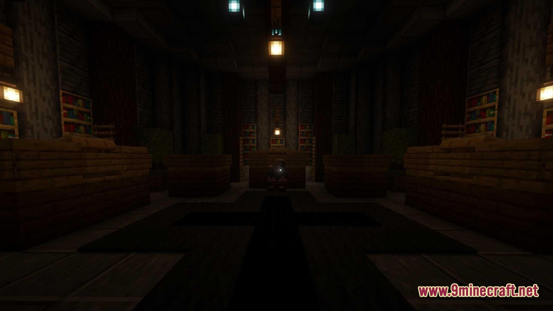 True Horror Modpack (1.20.1) – Survive Terrifying Monsters 10 A dimly lit interior room featuring wooden structures, bookshelves, and a cross-shaped pattern on the floor