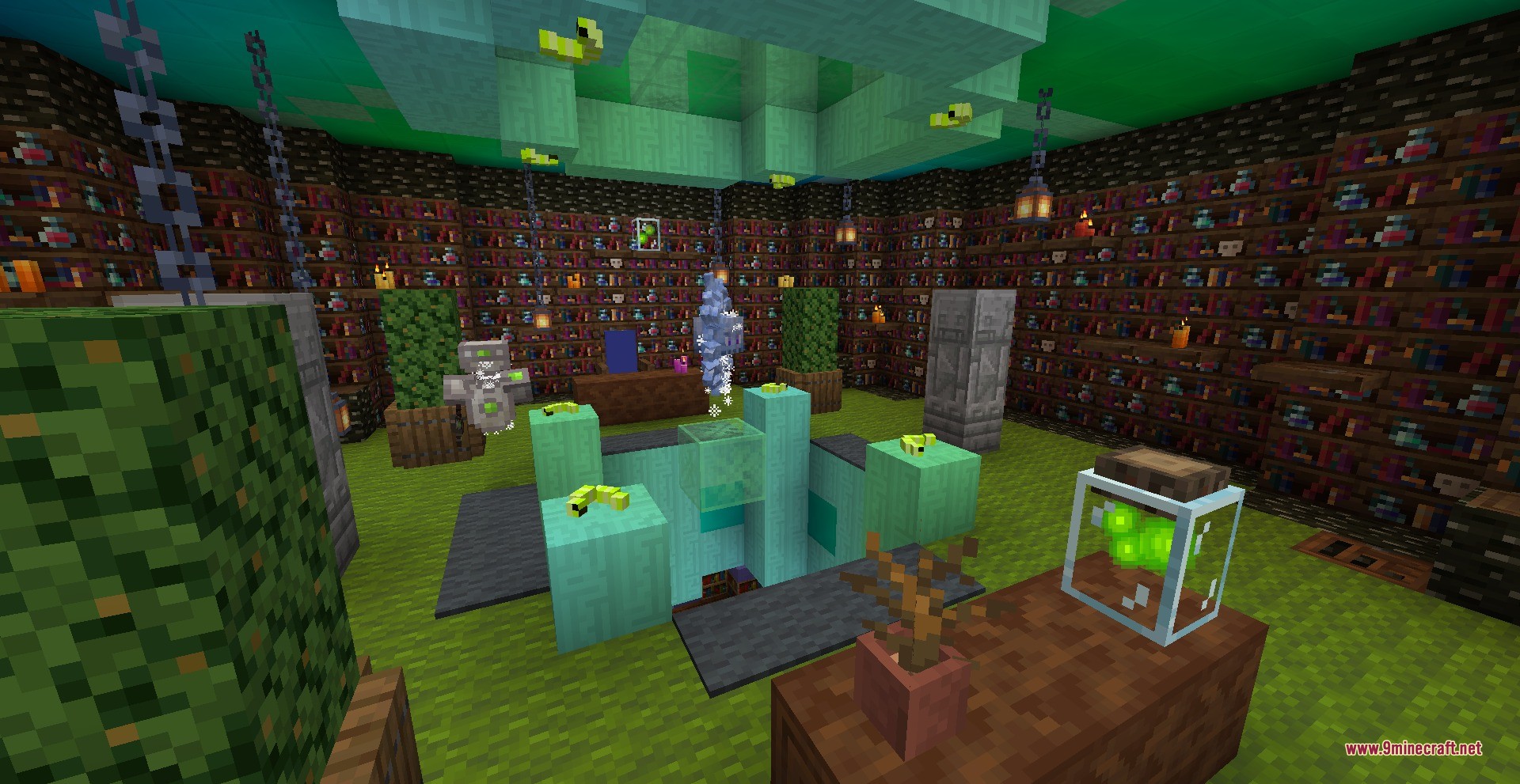 A detailed library room with bookshelves and green slime in a glass jar