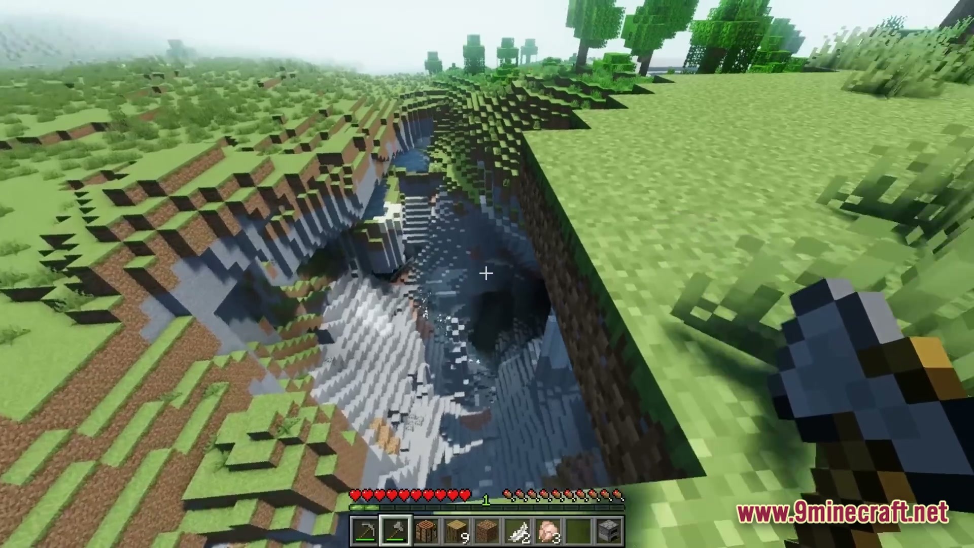 A player holds a stone axe while overlooking a deep ravine in a grassy minecraft biome