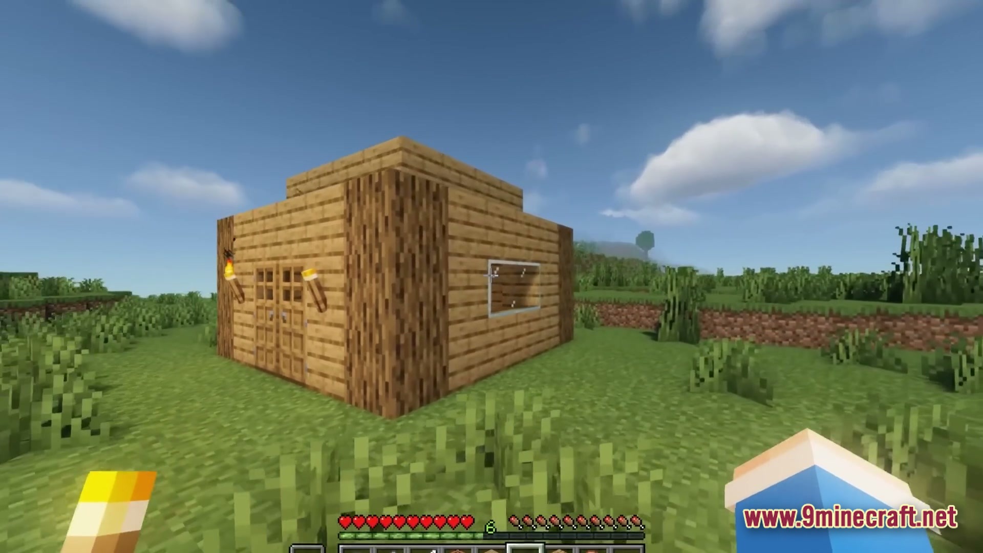 A simple wooden house made of oak planks and logs stands in a grassy plains biome