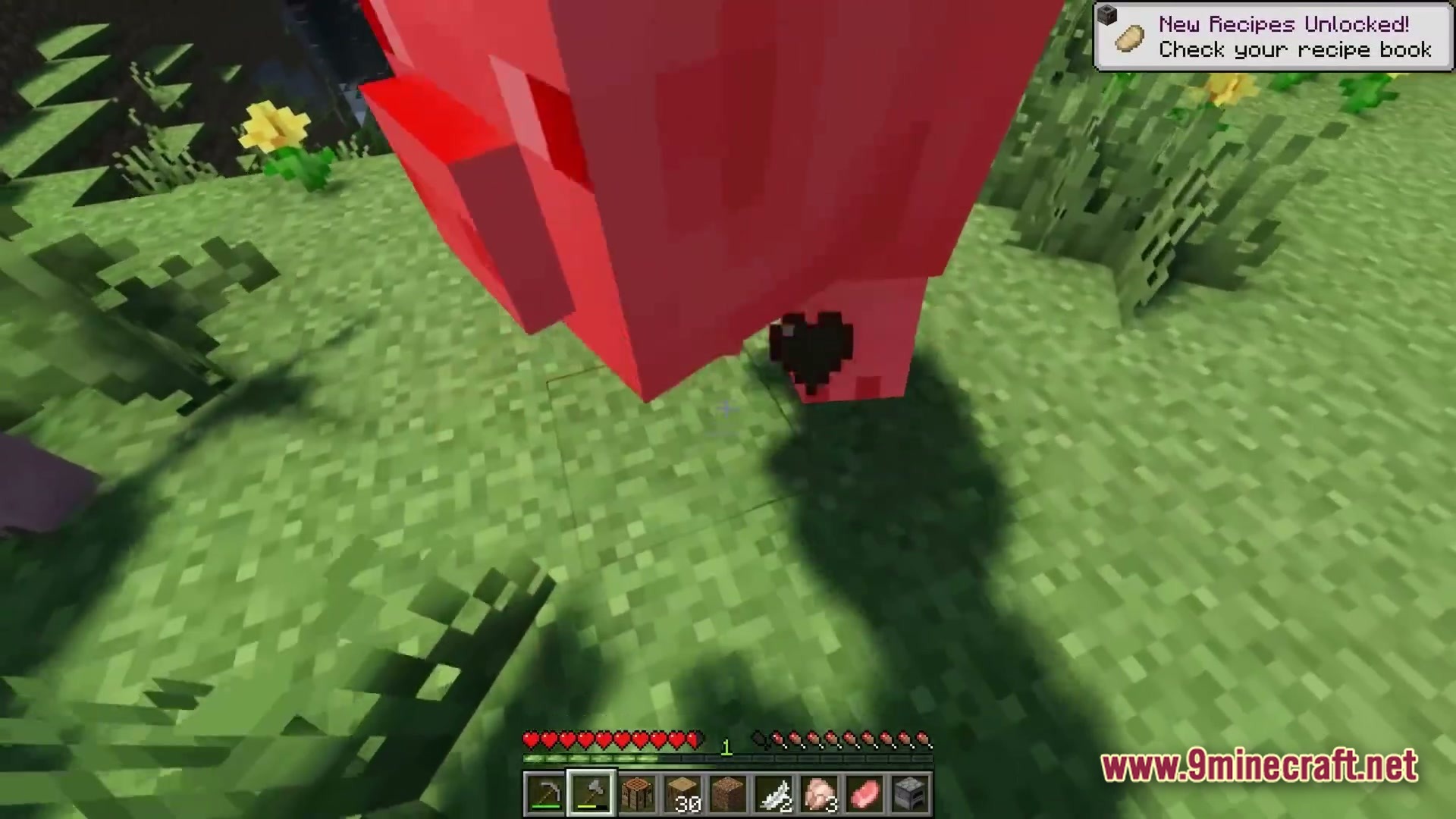 A player stands in a grassy field near a pig emitting black heart particles