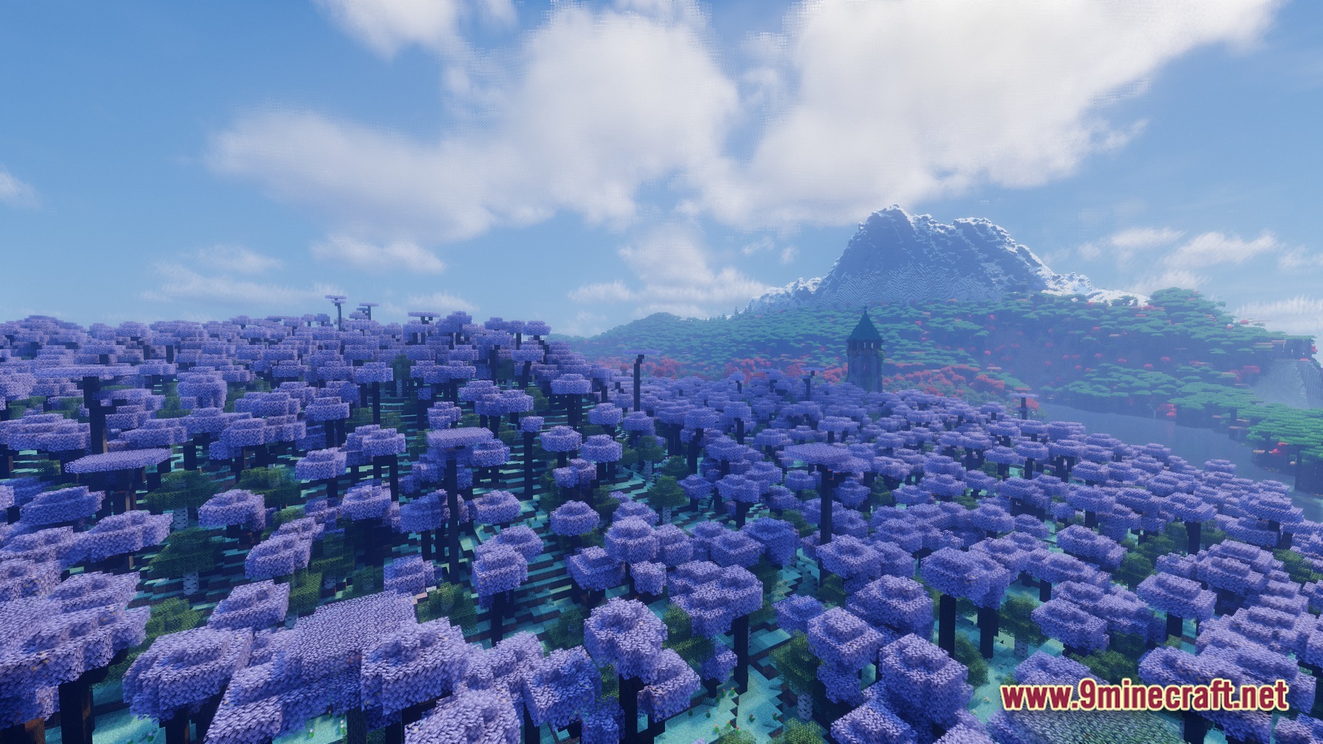 Ultra Distant Horizons Modpack (1.20.1) – Anime Fantasy Roleplay Adventure 11 A vast forest of purple-leafed trees stretches toward a distant snow-capped mountain under a bright sky
