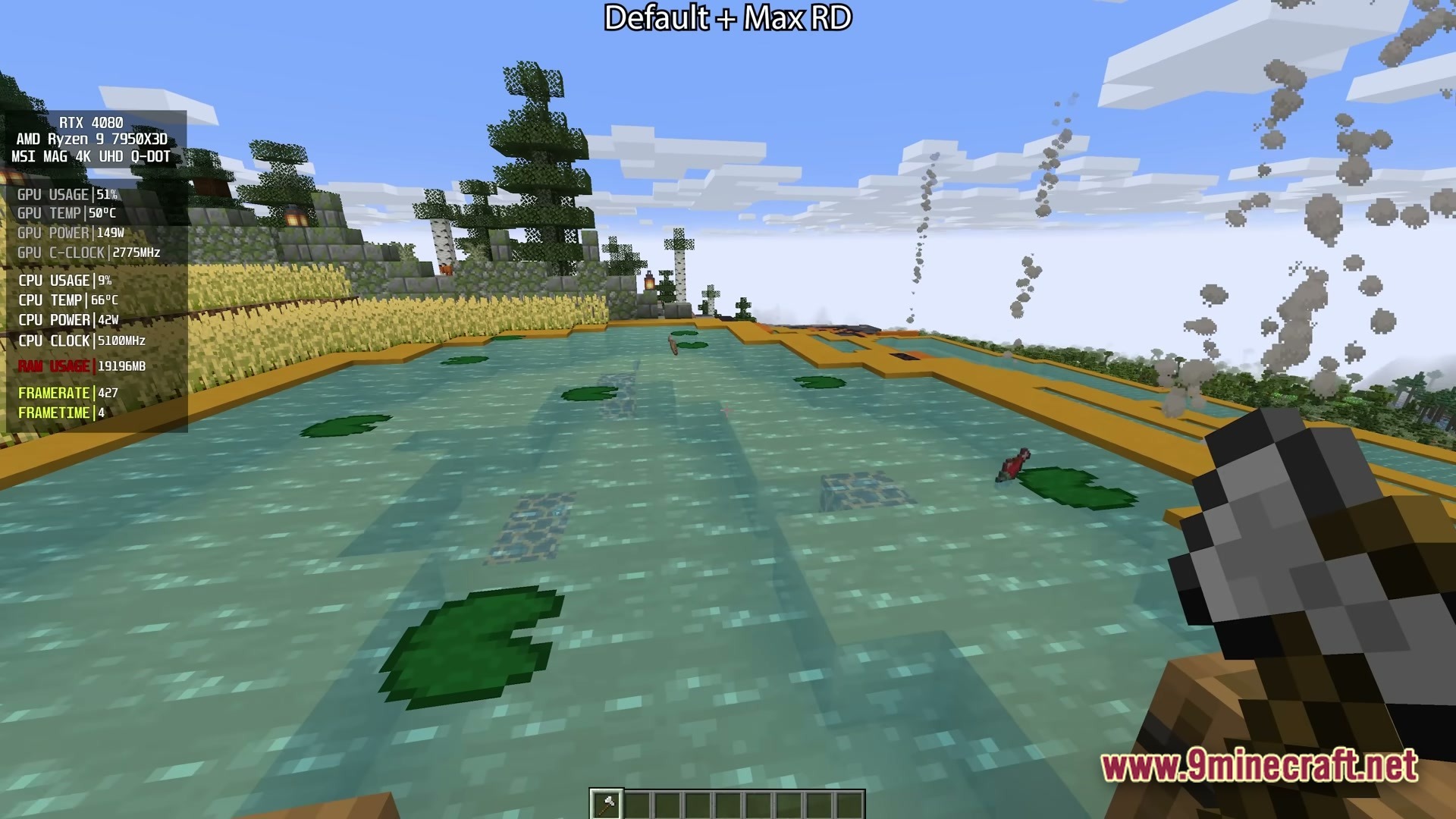 Ultra Distant Horizons Modpack (1.20.1) – Anime Fantasy Roleplay Adventure 4 A player holds a stone axe near a pond with lily pads and a wheat farm