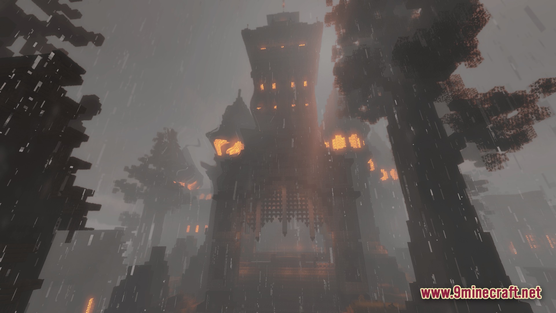 Ultra Distant Horizons Modpack (1.20.1) – Anime Fantasy Roleplay Adventure 10 A large stone fortress with glowing windows stands amidst tall trees during a heavy rainstorm